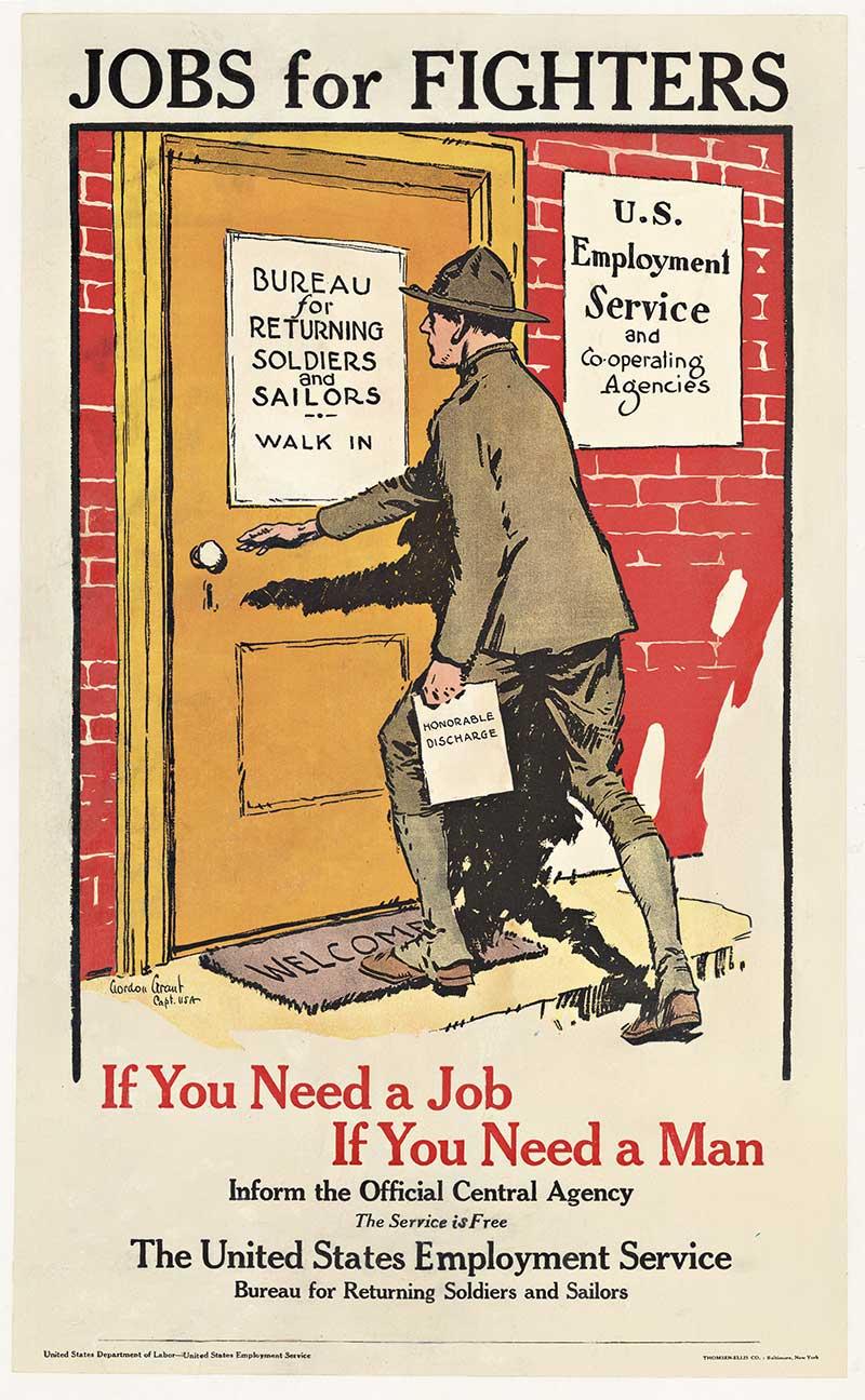Jobs for Fighters original post World War 1 vintage American poster