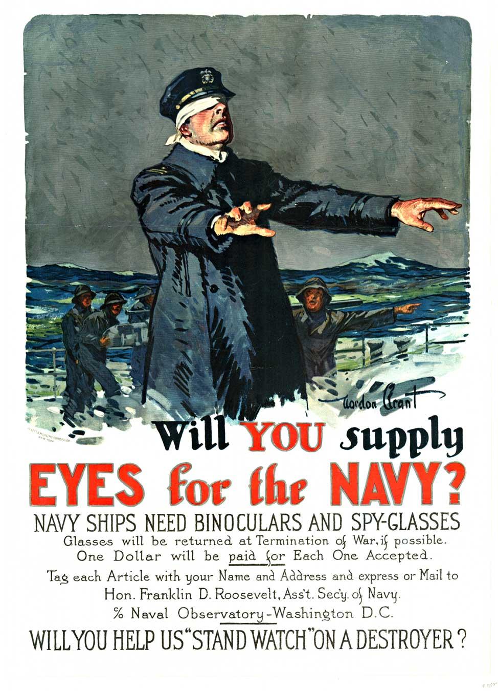 Gordon Grant Portrait Print - Original 'Will You Supply Eyes for the Navy?' vintage American military poster