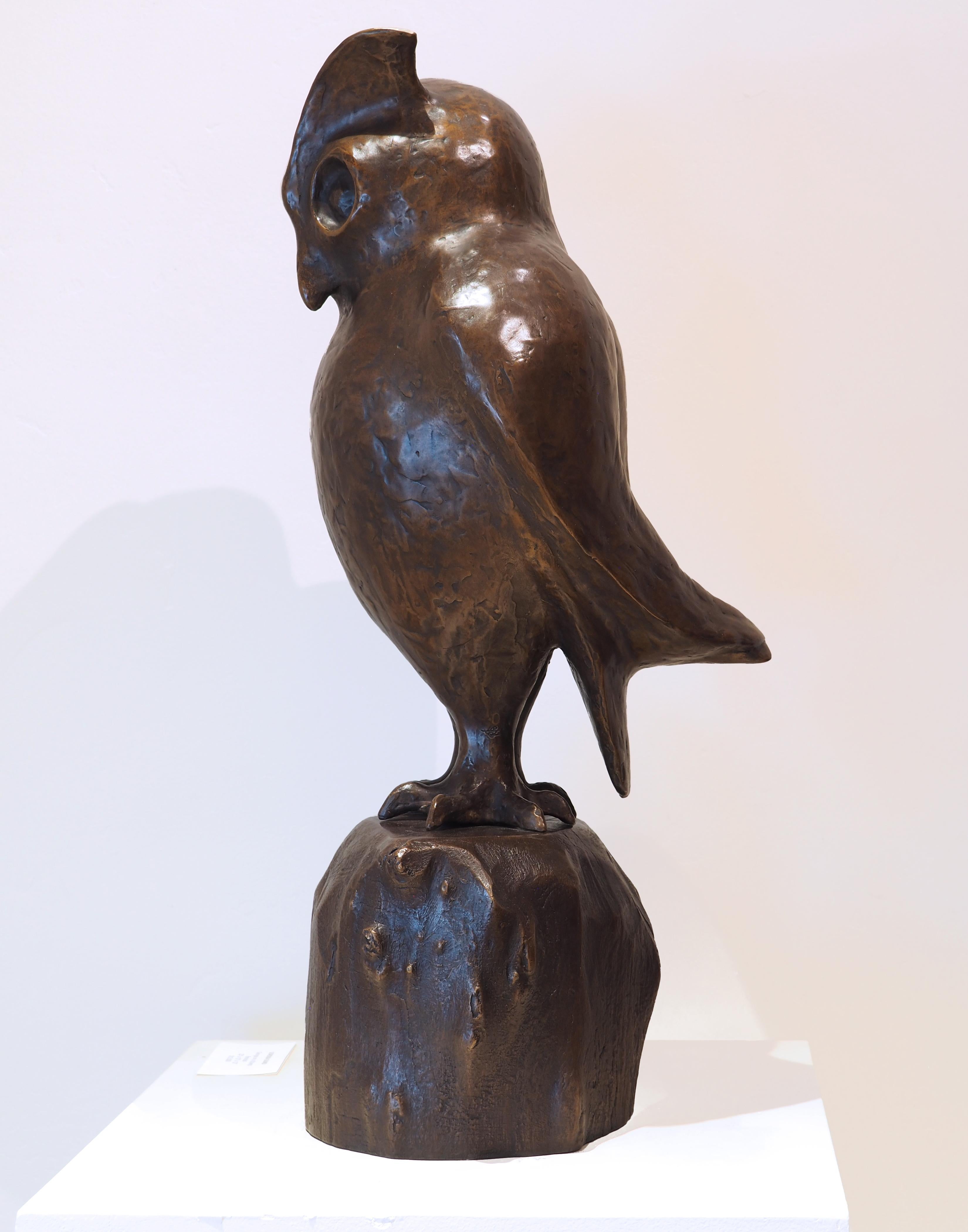 A bronze owl perches on a bonze stump. 

“While it has not been my principal vocation, sculpting has been not only my principal avocation; it has increasingly occupied my mind (often in the middle of the night) in recent years. While with my eyes I