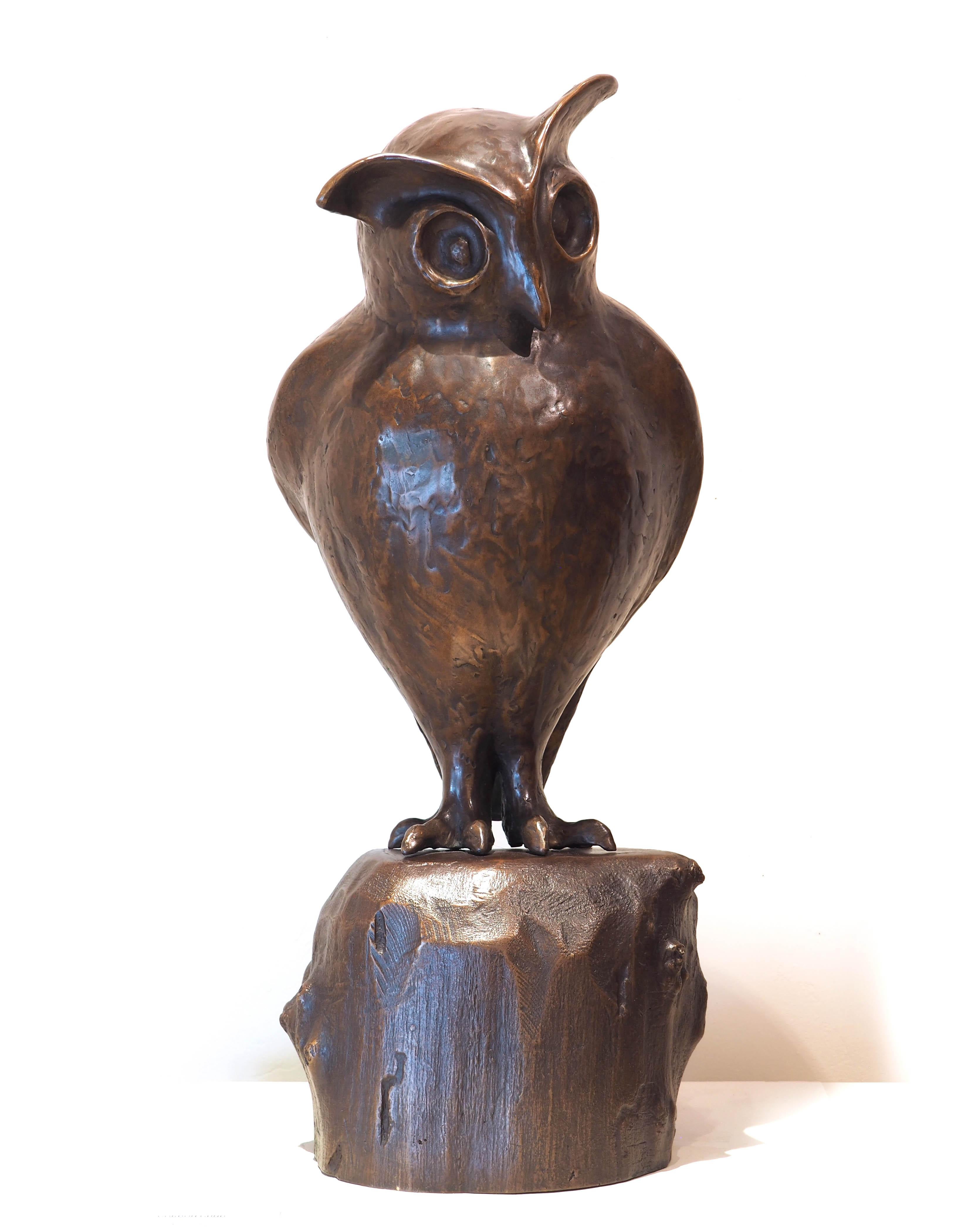 Gordon Gund Figurative Sculpture - George on a Stump (bronze, sculpture, owl, bird)