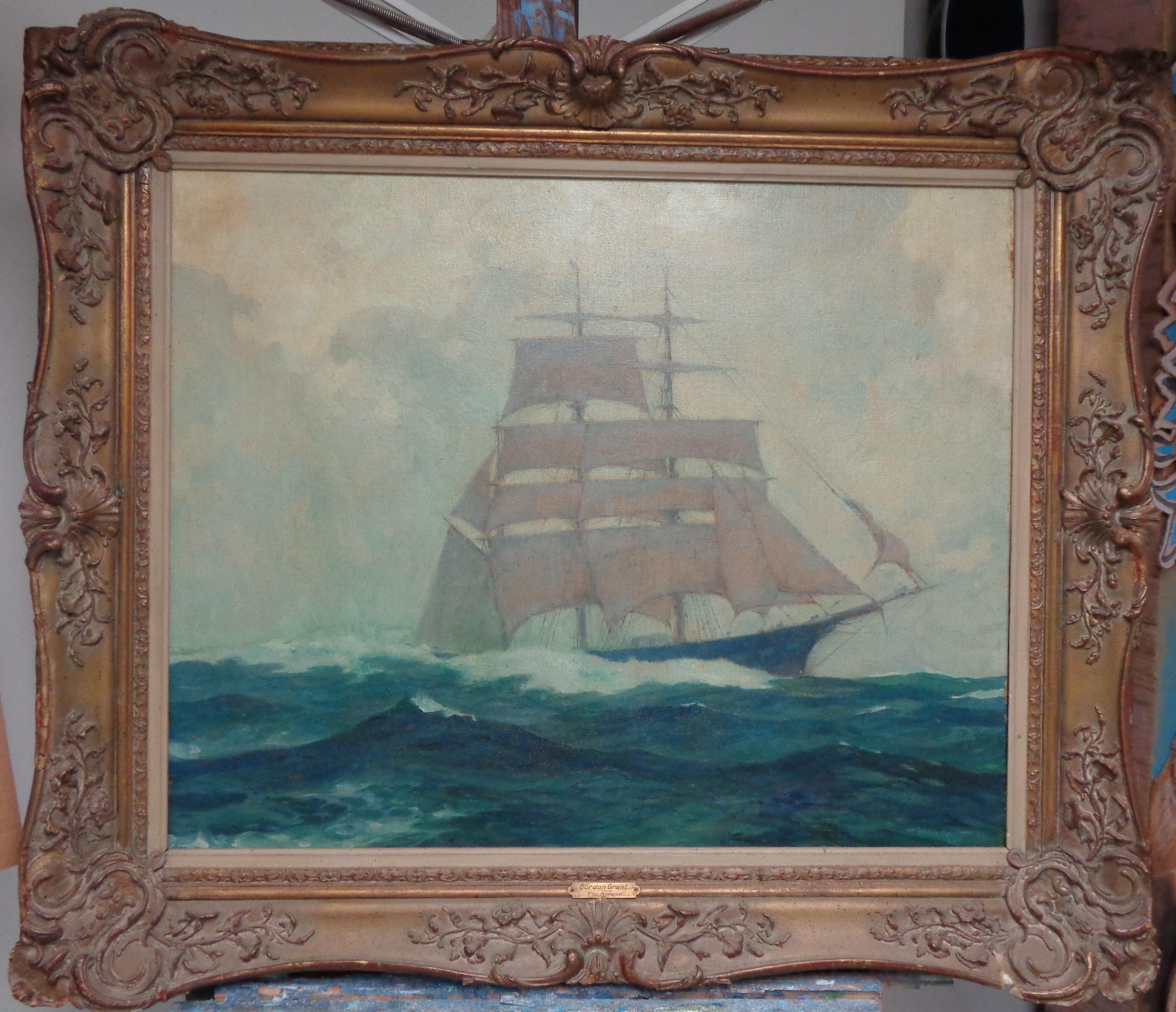 "The Barque"
oil/canvas 25.25 x 30 image
The painting is lined and would benefit from a cleaning. The canvas has shifted a little in the frame and needs to be moved back as seen in photos. Original frame has some losses as seen in photos as well as