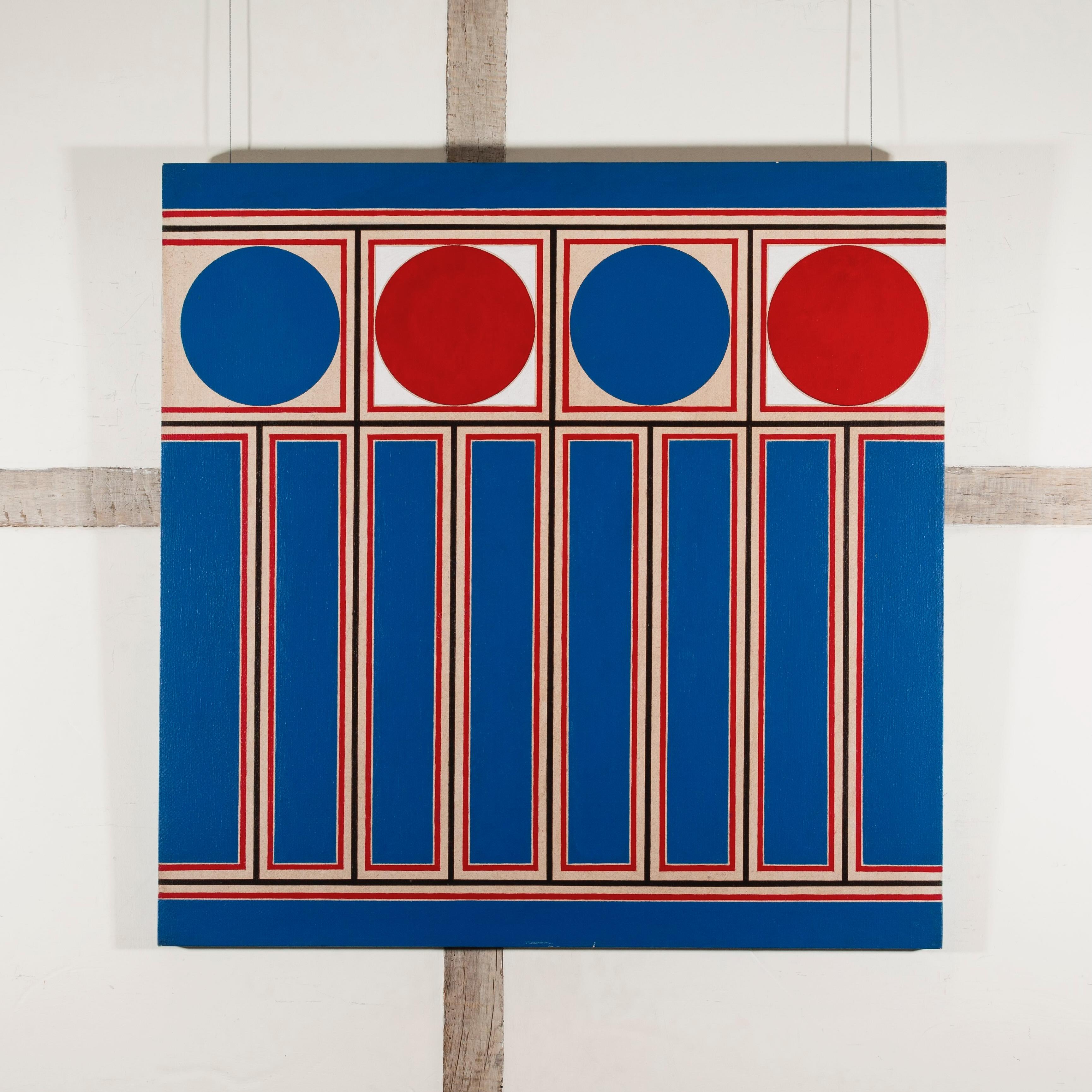 Frise II, 1976-77 - Grande peinture abstraite audacieuse et brillante, ornement bleu/rouge - Géométrique abstrait Painting par Gordon House
