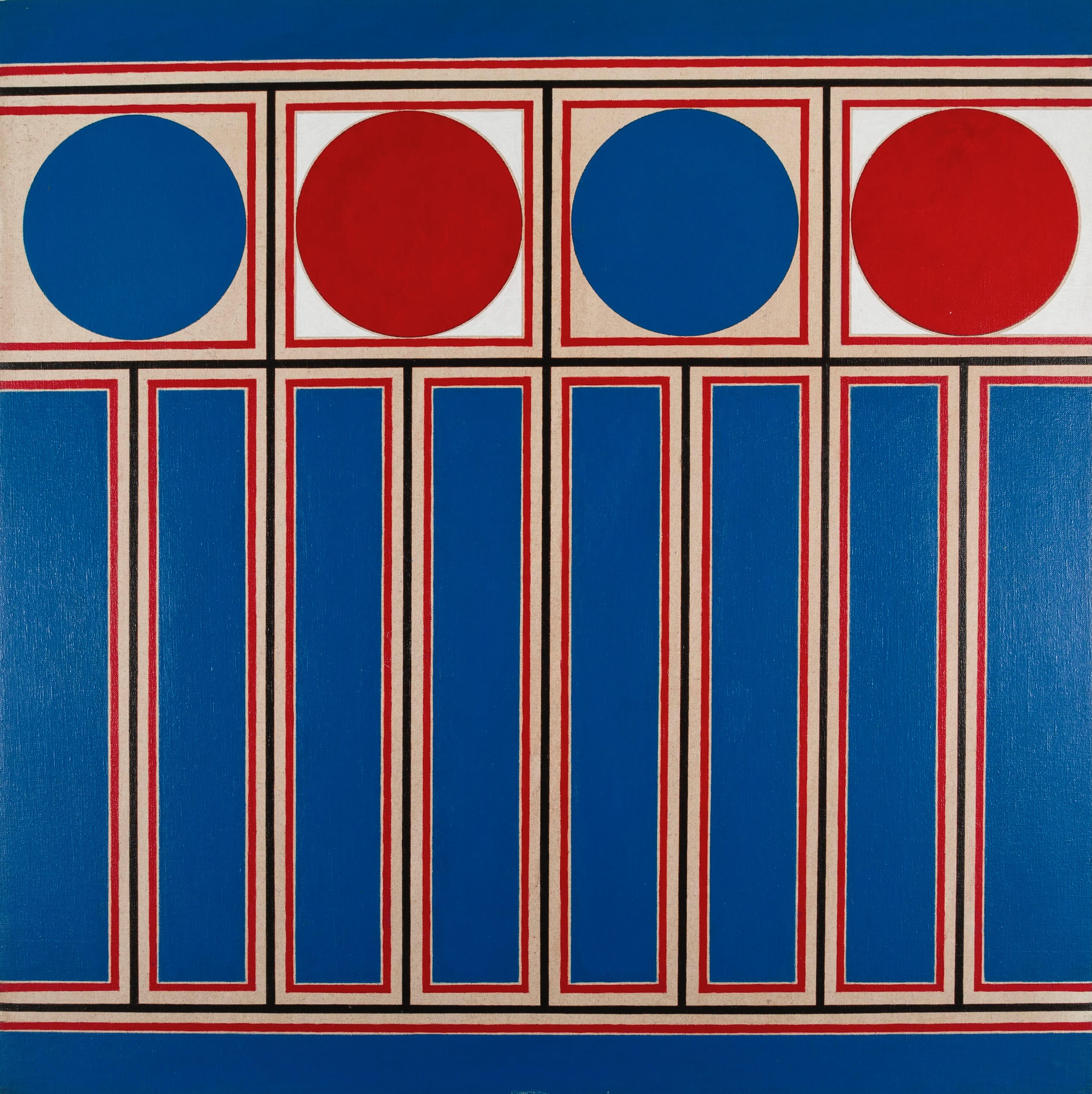 Frise II, 1976-77 - Grande peinture abstraite audacieuse et brillante, ornement bleu/rouge - Painting de Gordon House