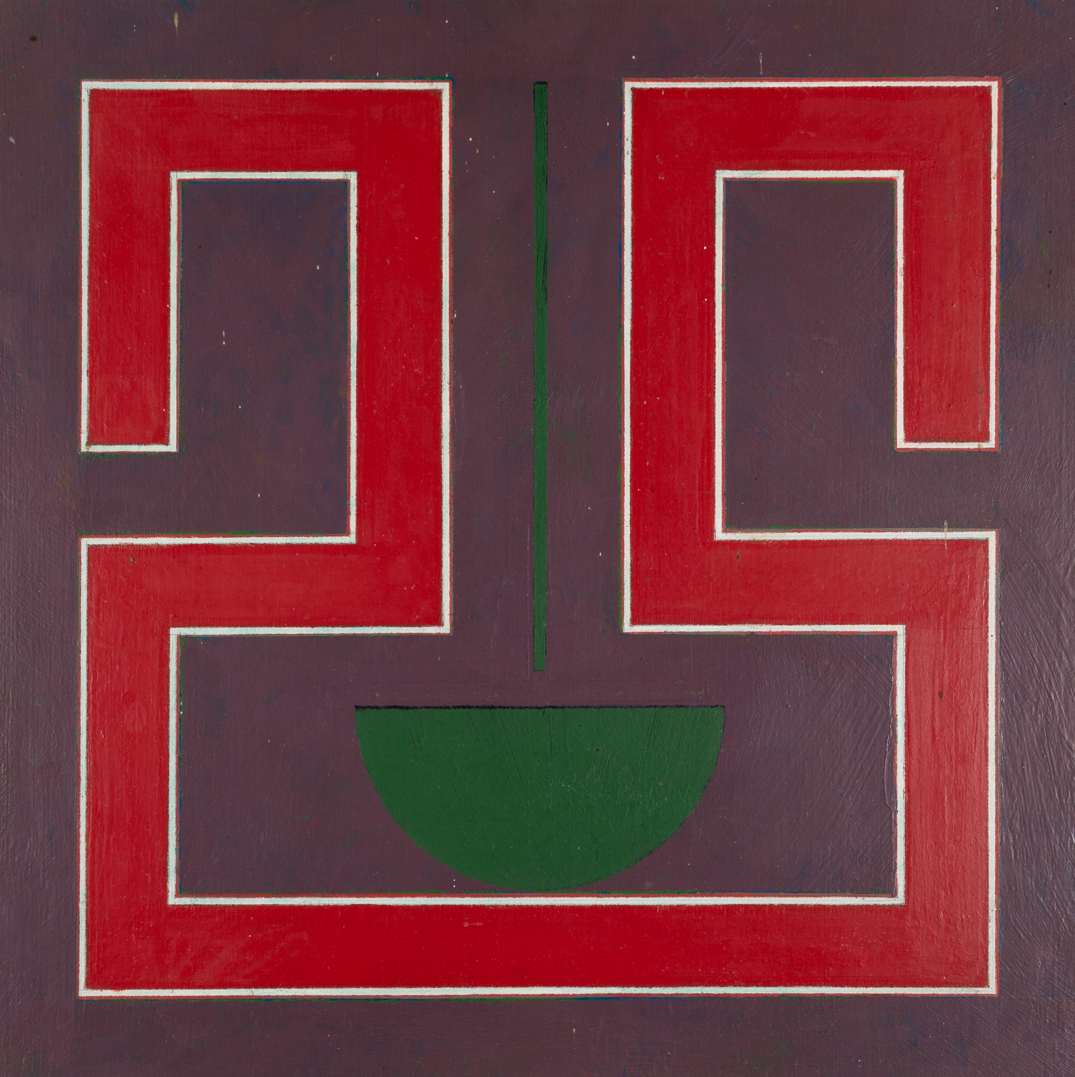 Gordon House Abstract Painting - Red Forms with Small Green Segment - Bold 1960s Abstract Oil Painting, Sixties