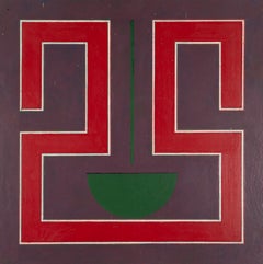 Vintage Red Forms with Small Green Segment - Bold 1960s Abstract Oil Painting, Sixties