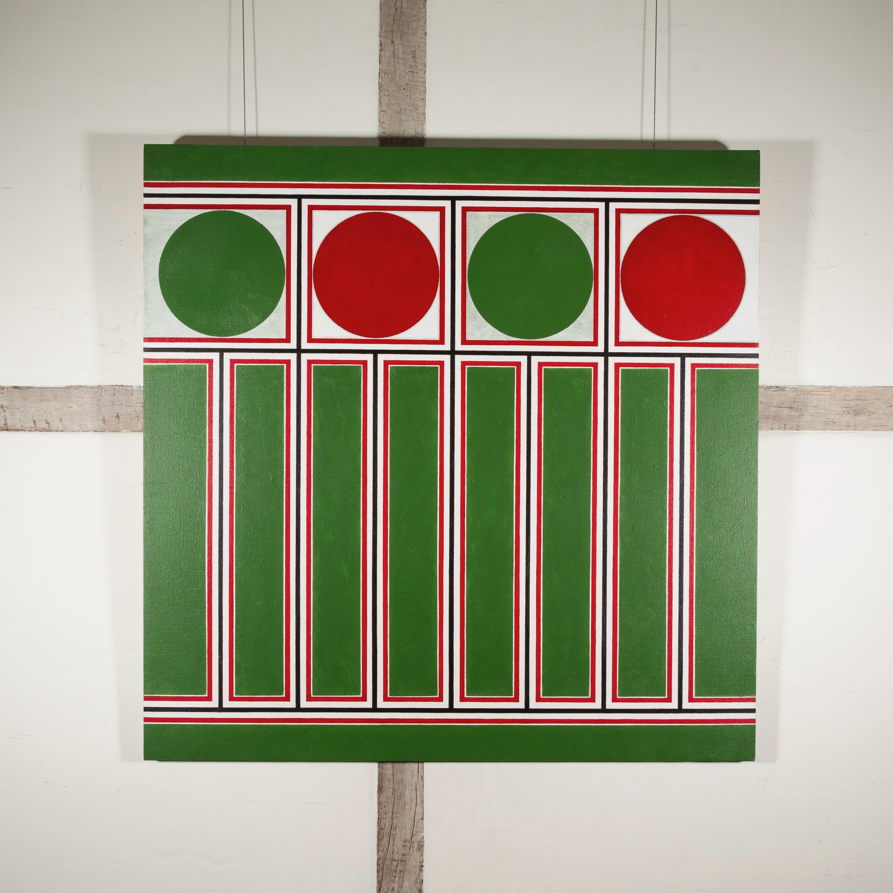 Gordon House 1932-2004
Red/Green Ornament Frieze I, 1976-1977
signed and dated on the canvas overlap
acrylic on canvas
91 x 91 cm
35 7/8 x 35 7/8 in

Gordon House was born in 1932 in Pontardawe, South Wales. Early exposure to art on trips to the