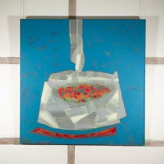 Sans titre - Grande peinture bleue avec des formes géométriques audacieuses bleues et rouges