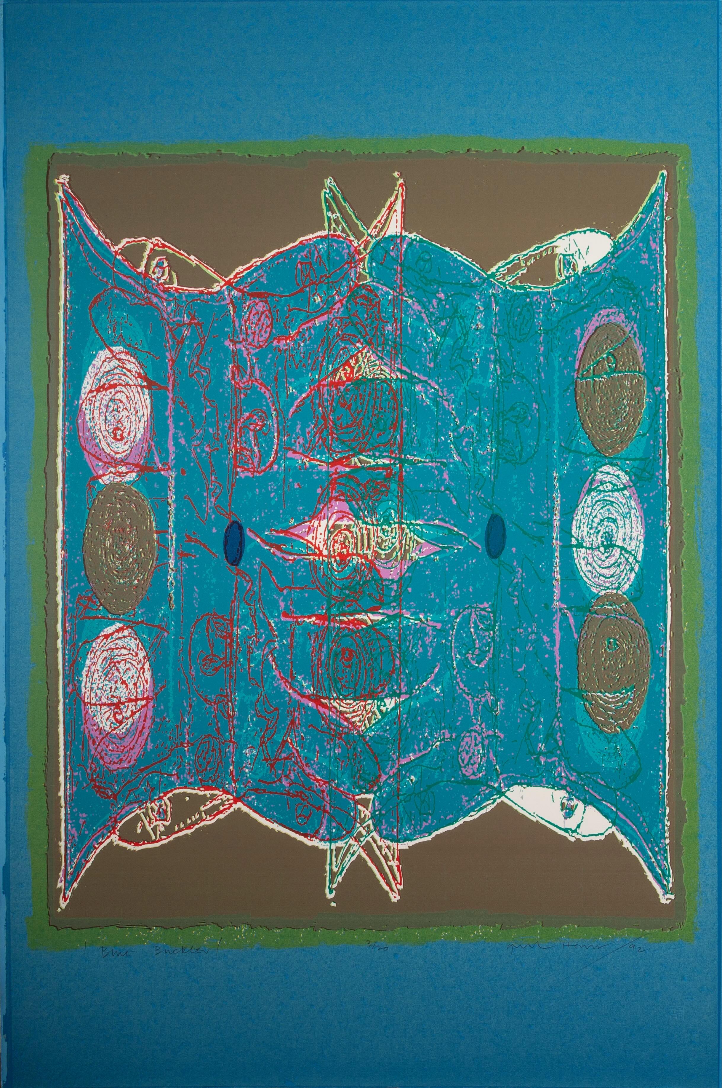 Gordon House 1932-2004
Blue Buckler, from the After Powhatan Suite, 1992
unframed, screenprint
121 x 80.6 cm
47 5/8 x 31 3/4 in
signed, titled, dated and numbered 4/20 in pencil

Gordon House was born in 1932 in Pontardawe, South Wales. Early