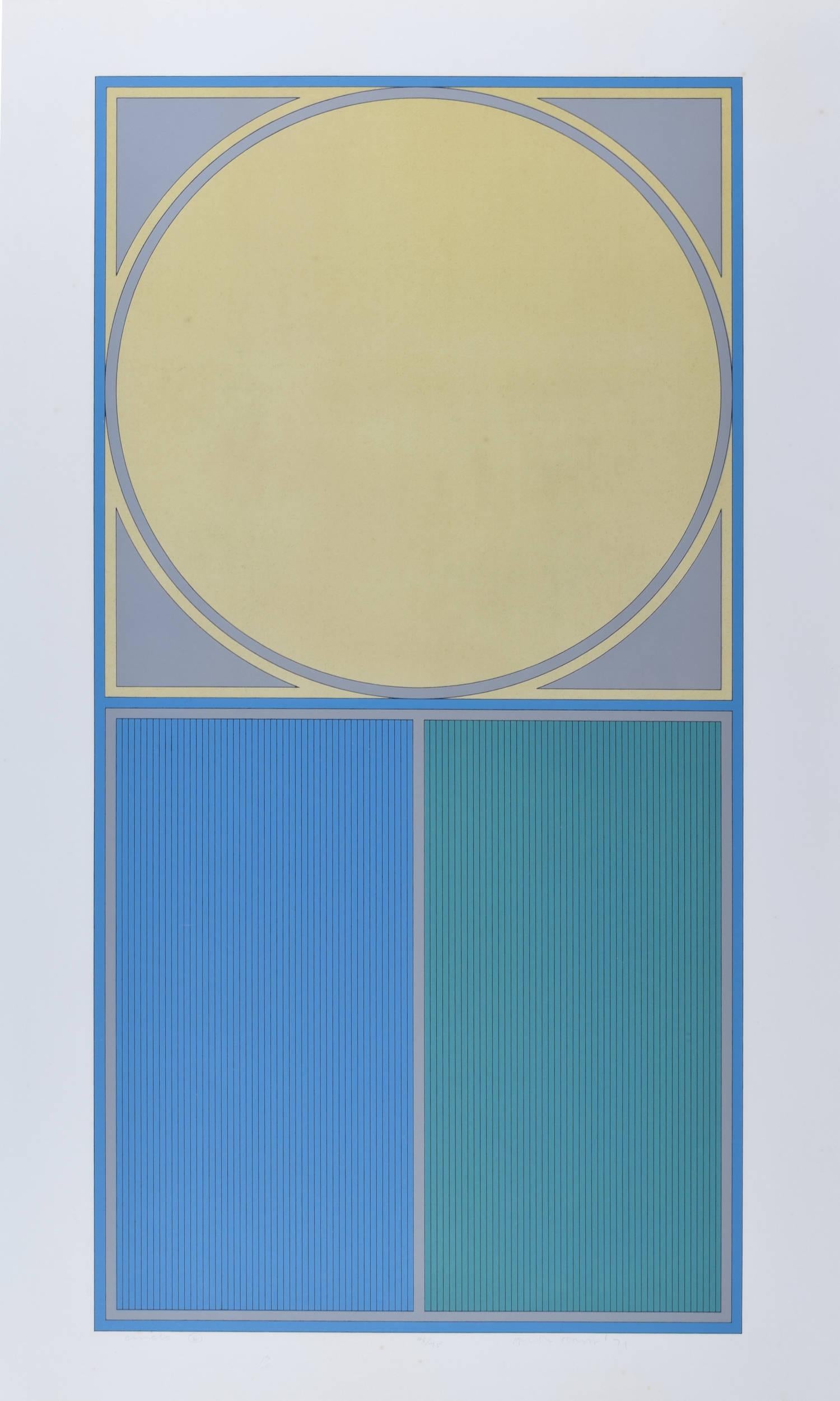 Lithographie abstraite moderne en forme de cercle E bleue et jaune de Gordon House