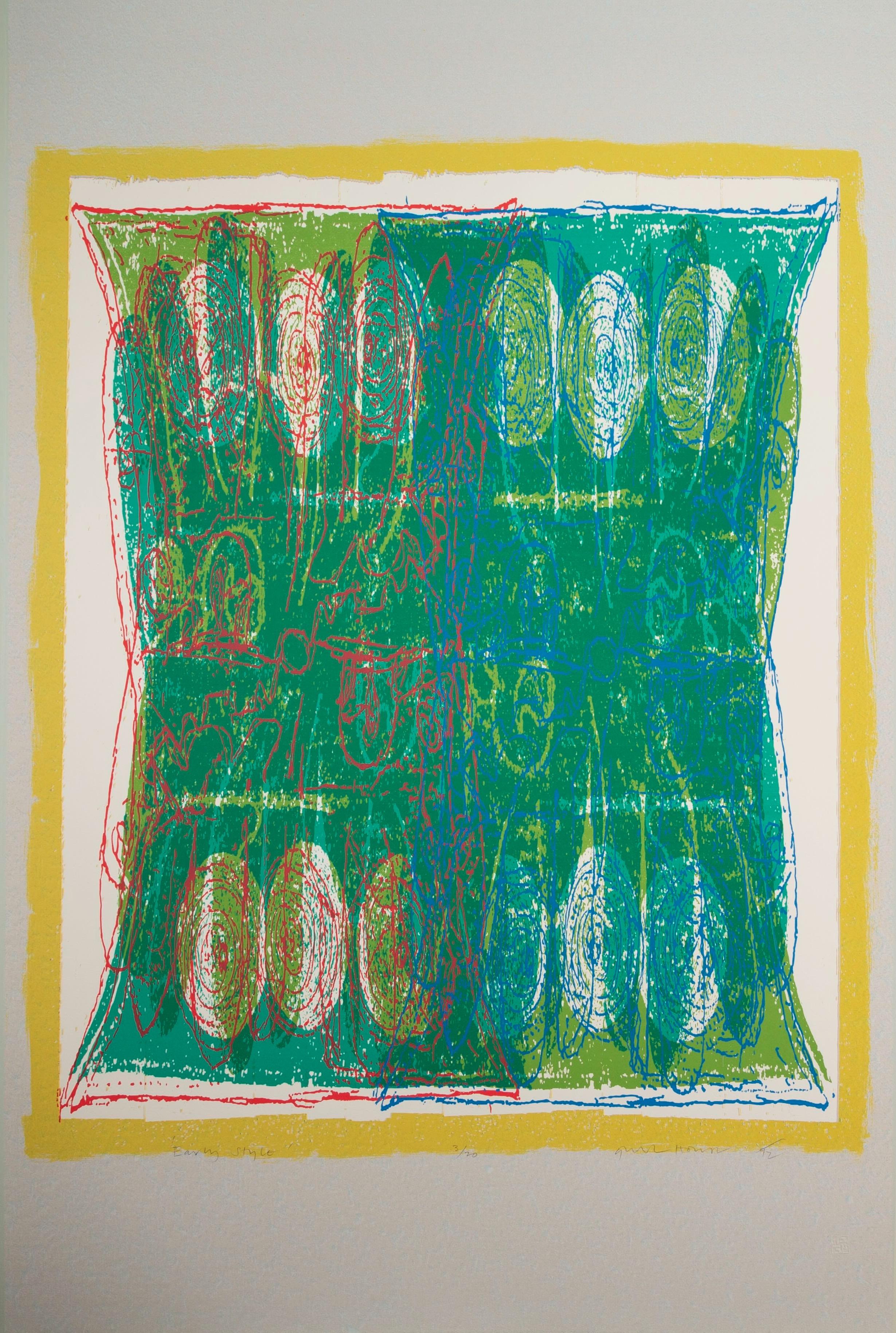 Stile antico, dopo Powhatan - Stampa astratta luminosa con giallo e verde - Print di Gordon House