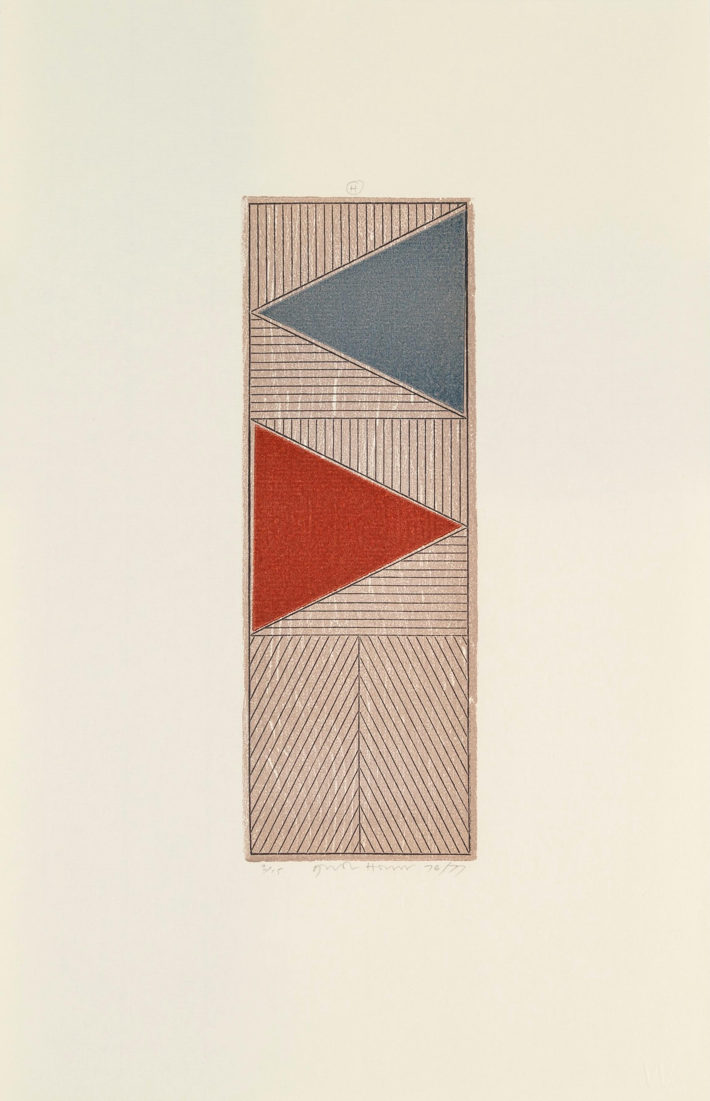 Abstract Print di Gordon House - Serie Tri (H) Small Wood, 1976-77 - Wood Wood geometrico verticale, rosso e grigio
