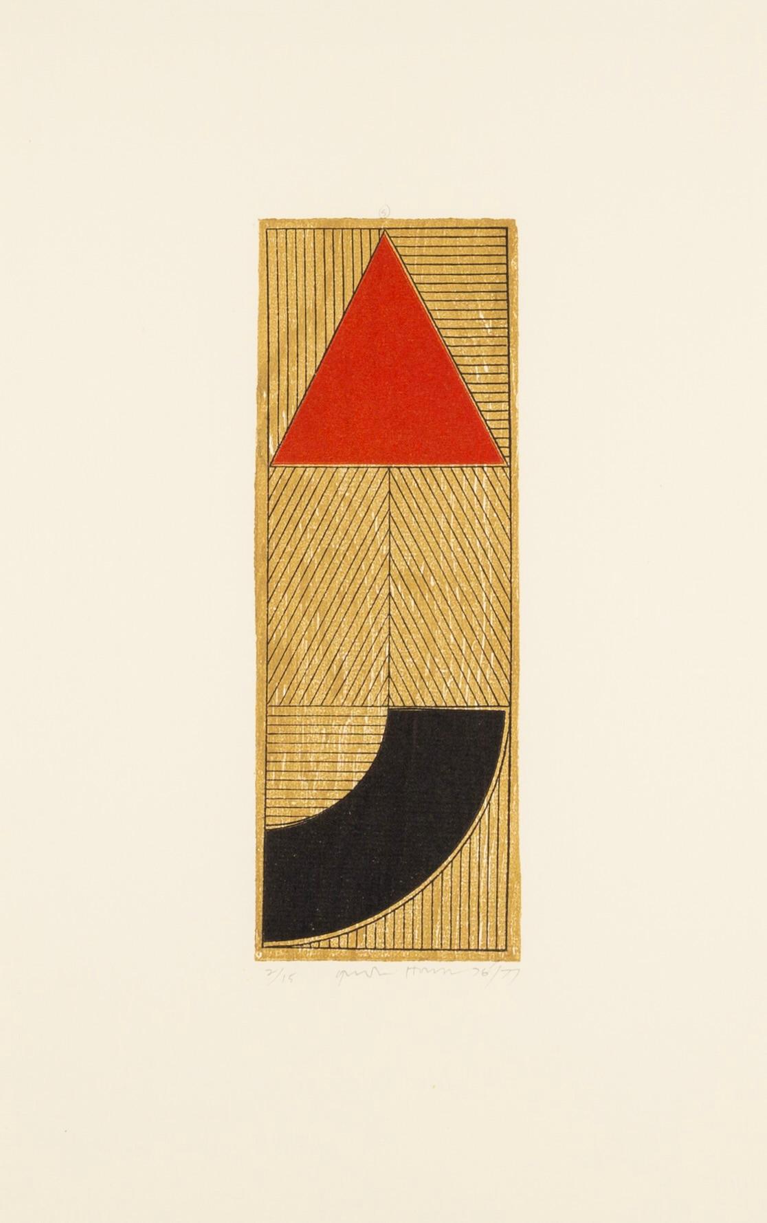 Gordon House Abstract Print - Series Tri (S) Small Wood, 1976-1977 - Abstract Woodcut Print in Brown + Red