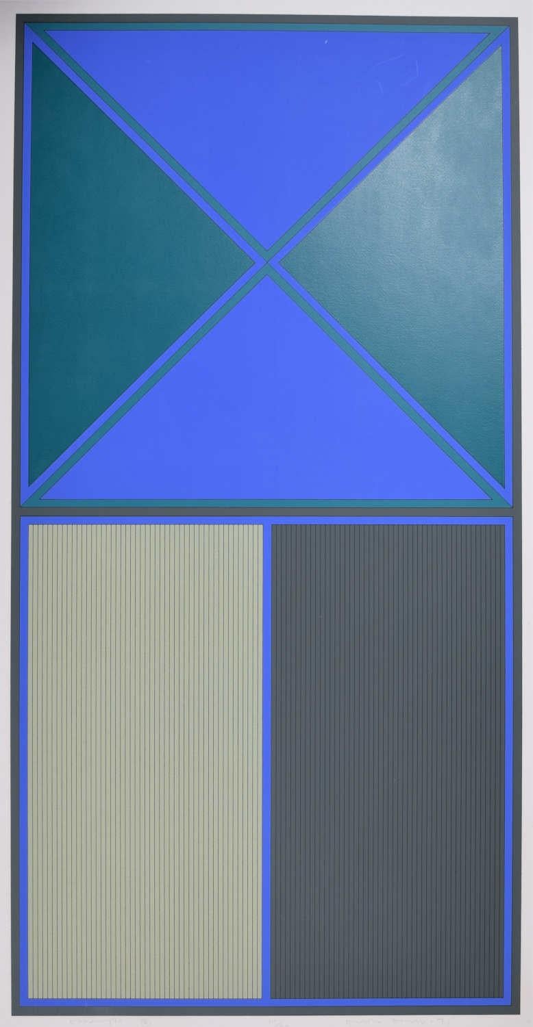 Triangle E blue modern abstract lithograph by Gordon House
