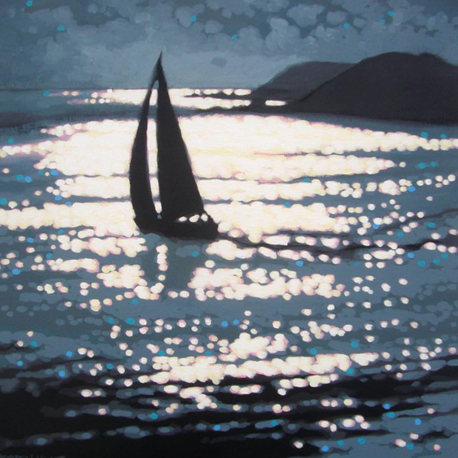 A Gordon Hunt original painting called 'Across the Estuary.' This seascape painting features a yacht sailing across the Helford Estuary in Cornwall. It’s a cloudy, windy day, but patches of sunshine sparkle on the water. Gordon Hunt paints