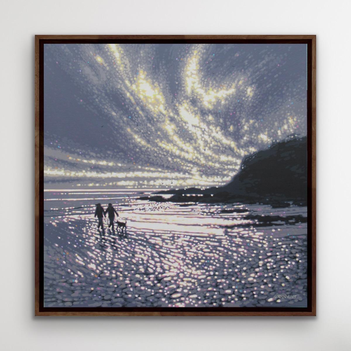 As the sun breaks through – Winter beach walk, Talland Bay, Cornwall, Seascape - Contemporary Painting by Gordon Hunt