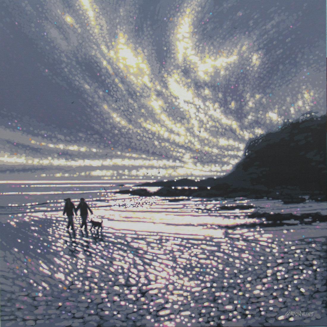 Gordon Hunt Figurative Painting - As the sun breaks through – Winter beach walk, Talland Bay, Cornwall, Seascape