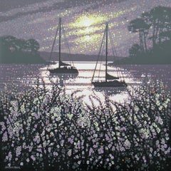 Peinture de matin de la fleur d'aubépine, peinture de voilier, art de paysage marin, art de la Cornouailles côtières