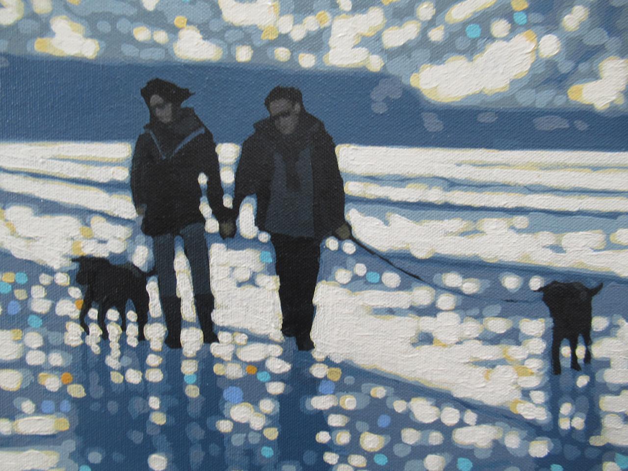Promenade de plage lumineuse et briseuse est une peinture originale de Gordon Hunt. Il montre l'image d'un couple promenant ses chiens sur la plage. C'est un jour de brise lumineuse, avec des nuages qui passent et des éclairs de soleil qui créent