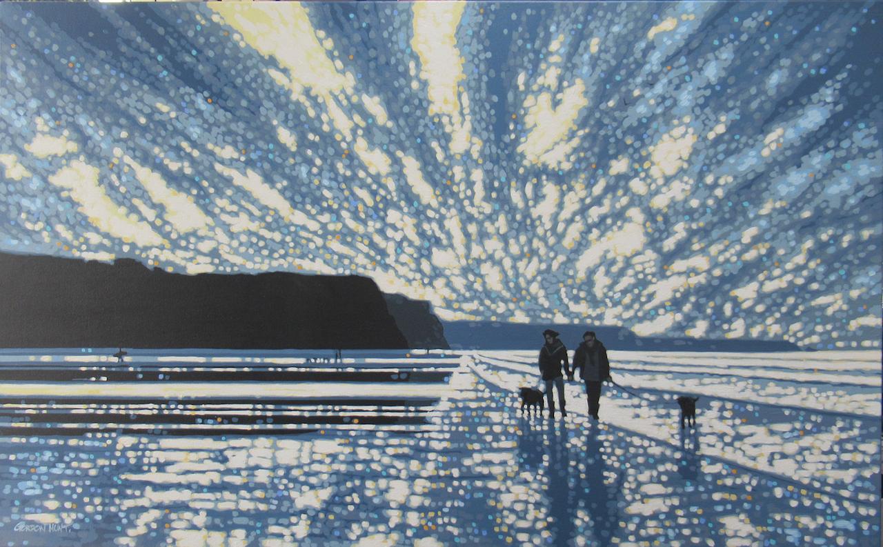 Bright and breezy beach walk is an original painting by Gordon Hunt. It shows an image of a couple walking their dogs on the beach. It's a bright breezy day, with clouds skipping by and flashes of sunshine creating sparkling reflections in the wet