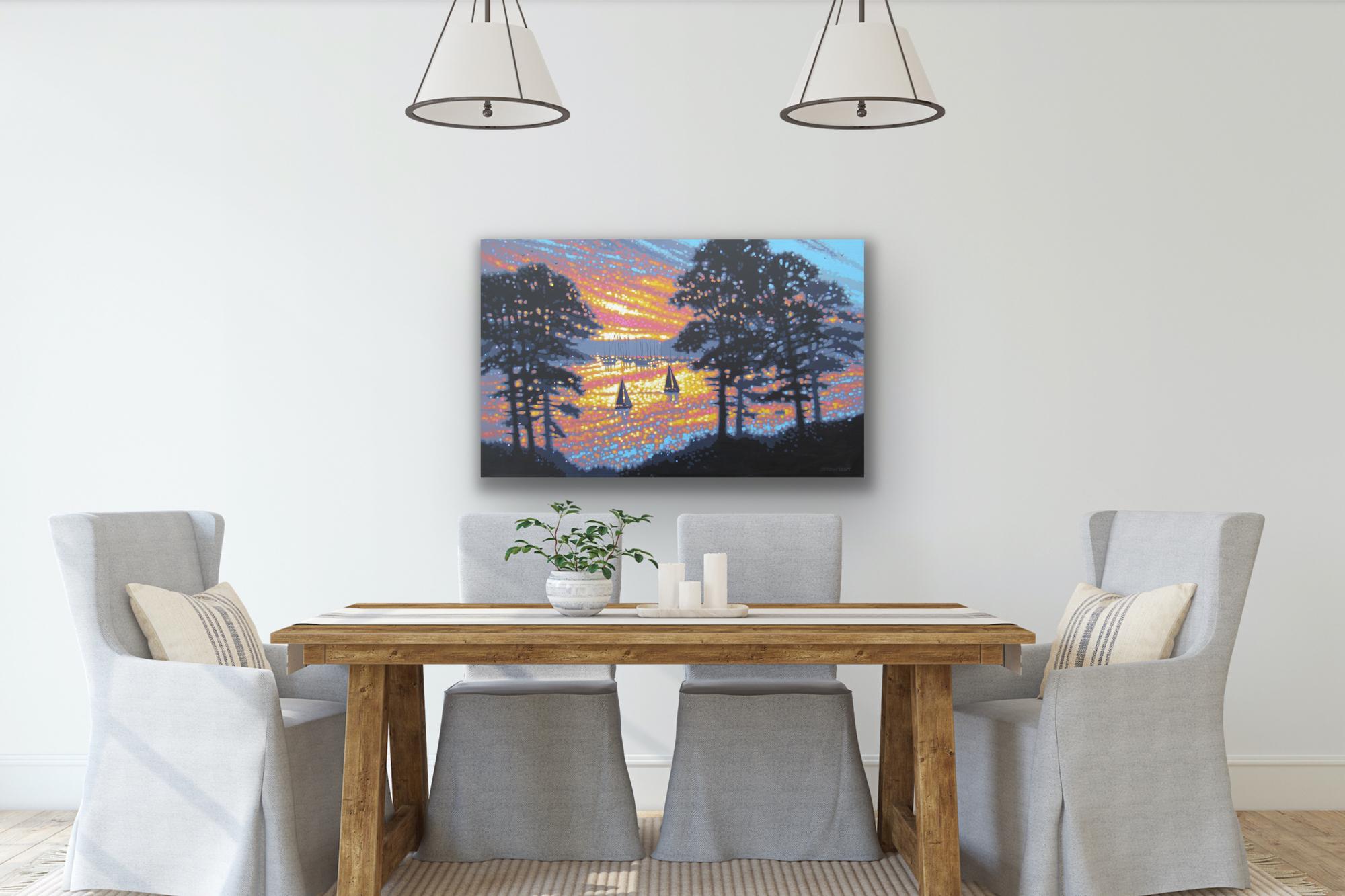 Œuvre d'art de paysage marin au lever du soleil, peinture de port, Cornouailles - Painting de Gordon Hunt