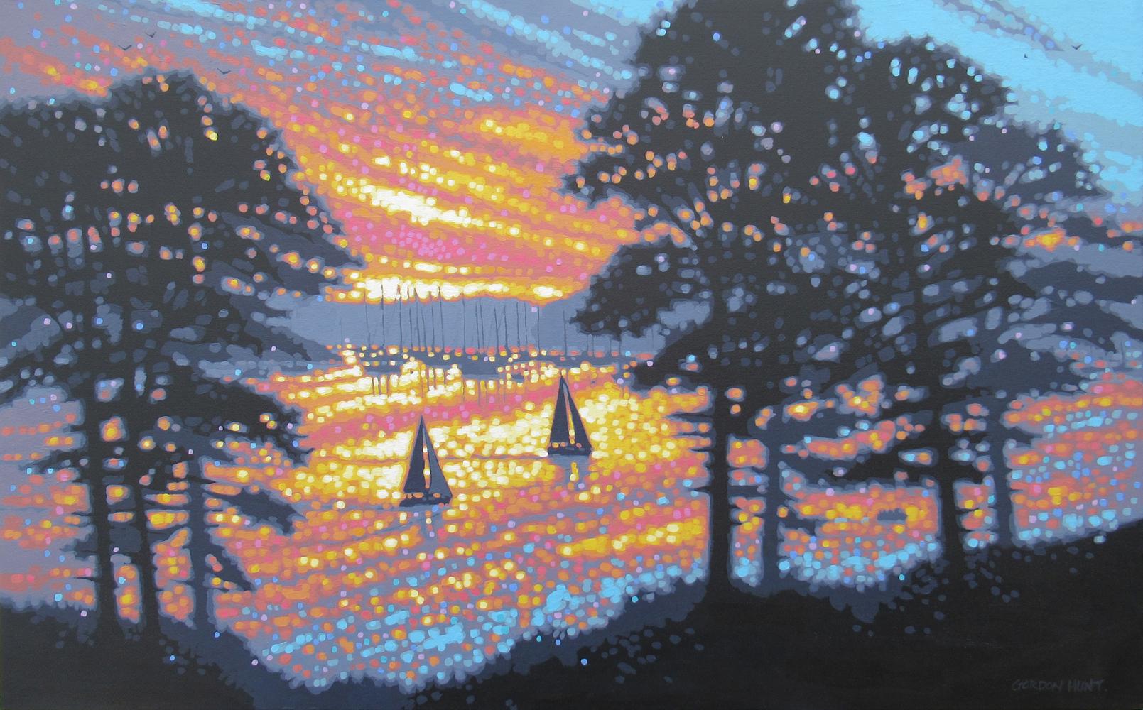 Still-Life Painting Gordon Hunt - Œuvre d'art de paysage marin au lever du soleil, peinture de port, Cornouailles