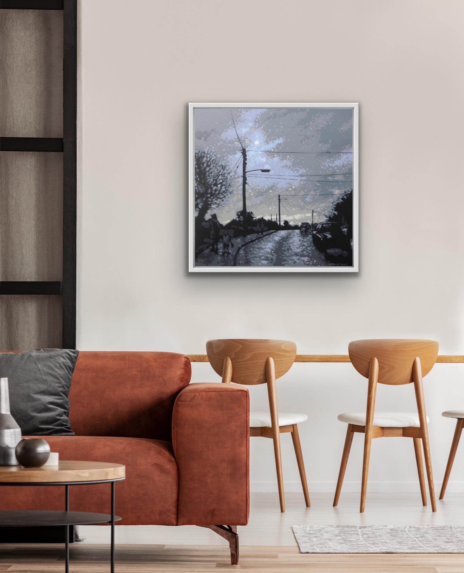 Gordon Hunt
Back to School Morning
Original Painting
Sold Unframed
(Please note that in situ images are purely an indication of how a piece may look).

A dark, cloudy morning, walking to school, the sun tries to break through the gloomy clouds. An