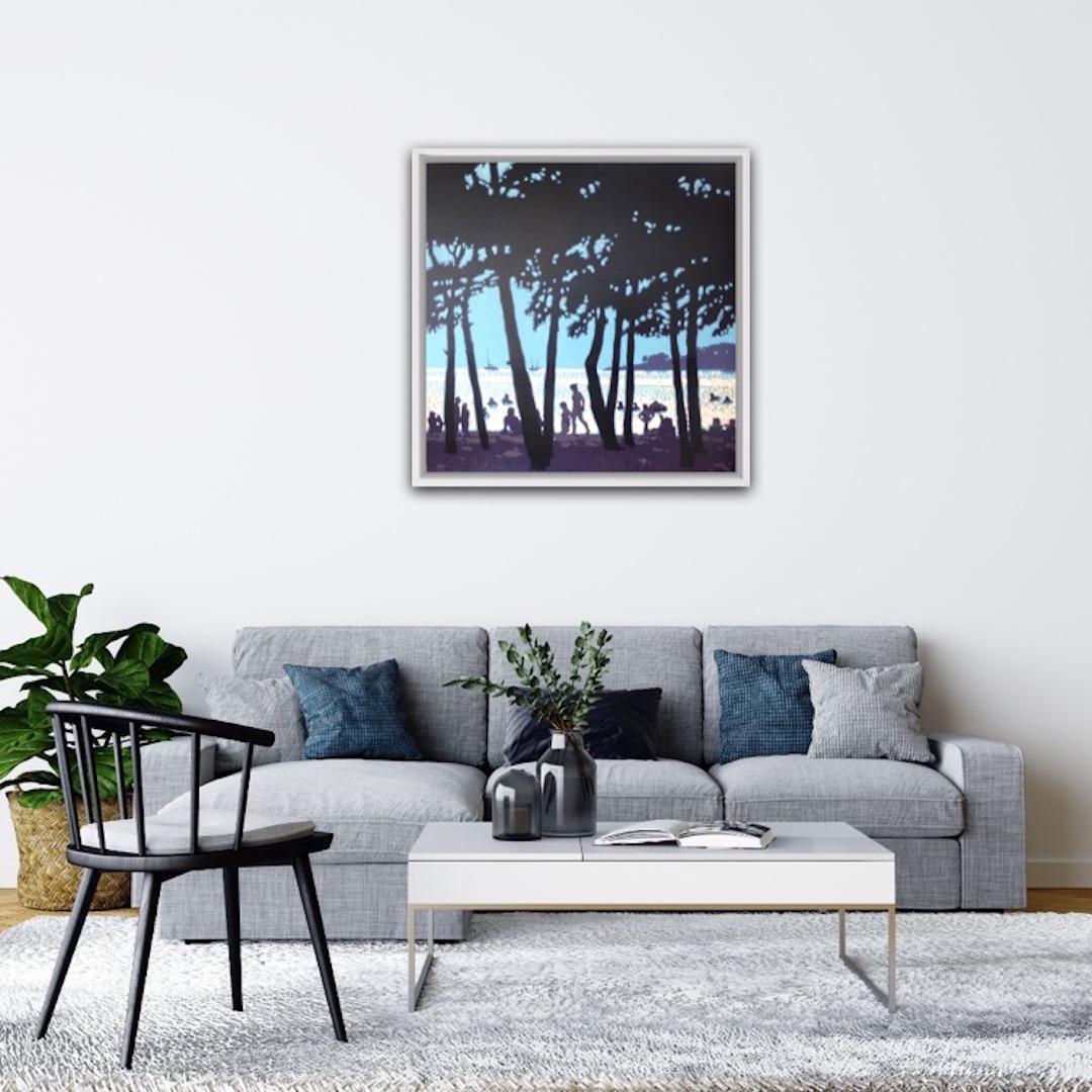 Mediterranean Sparkles, impressionist style seascape beach painting contemporary - Black Landscape Painting by Gordon Hunt