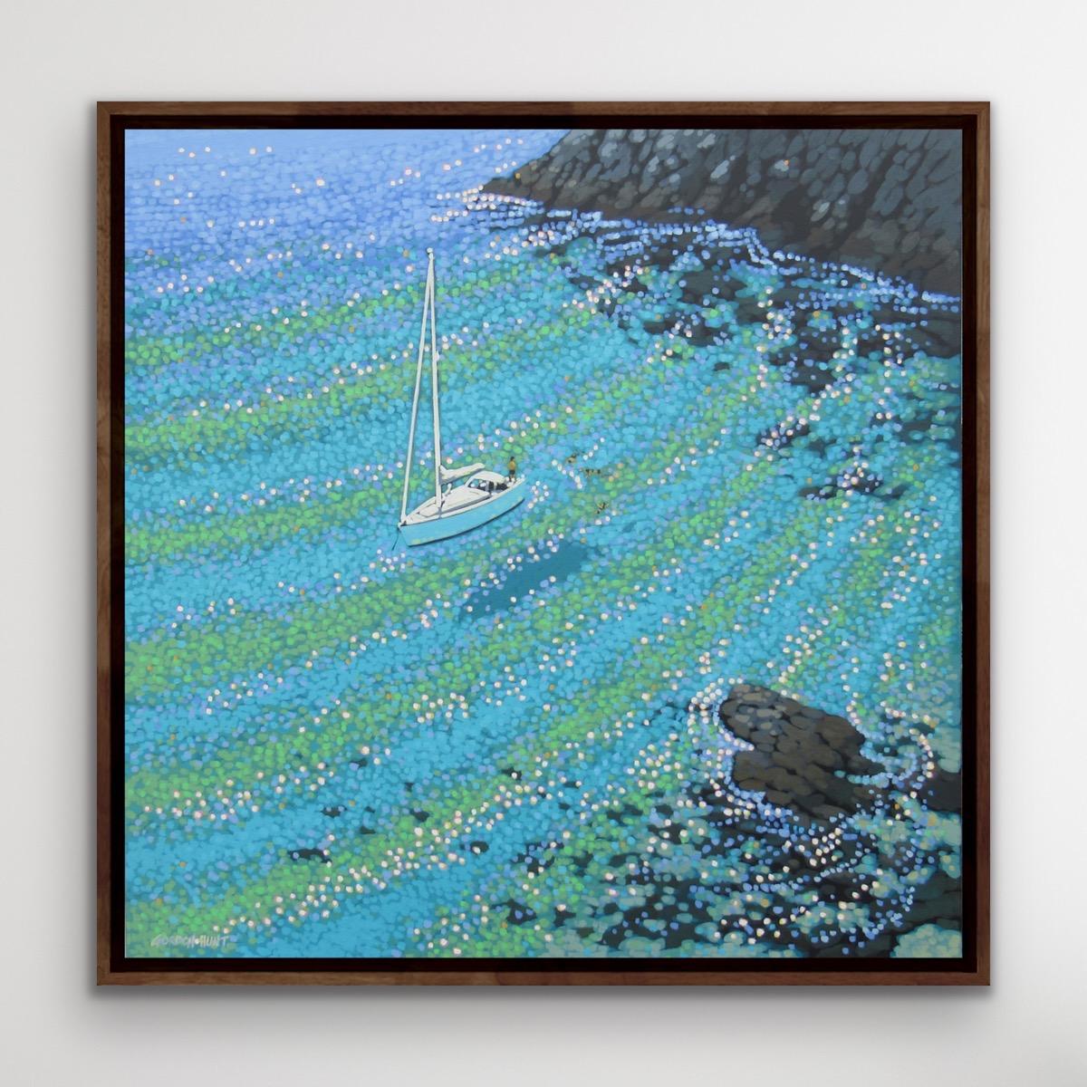Quiet cove sailing' Is an original painting by Gordon Hunt. It shows a group of friends out sailing who anchor up in a quiet cove to have a swim and a break from sailing. Enjoying the bright clear turquoise waters. Gordon Hunt paints beautiful,