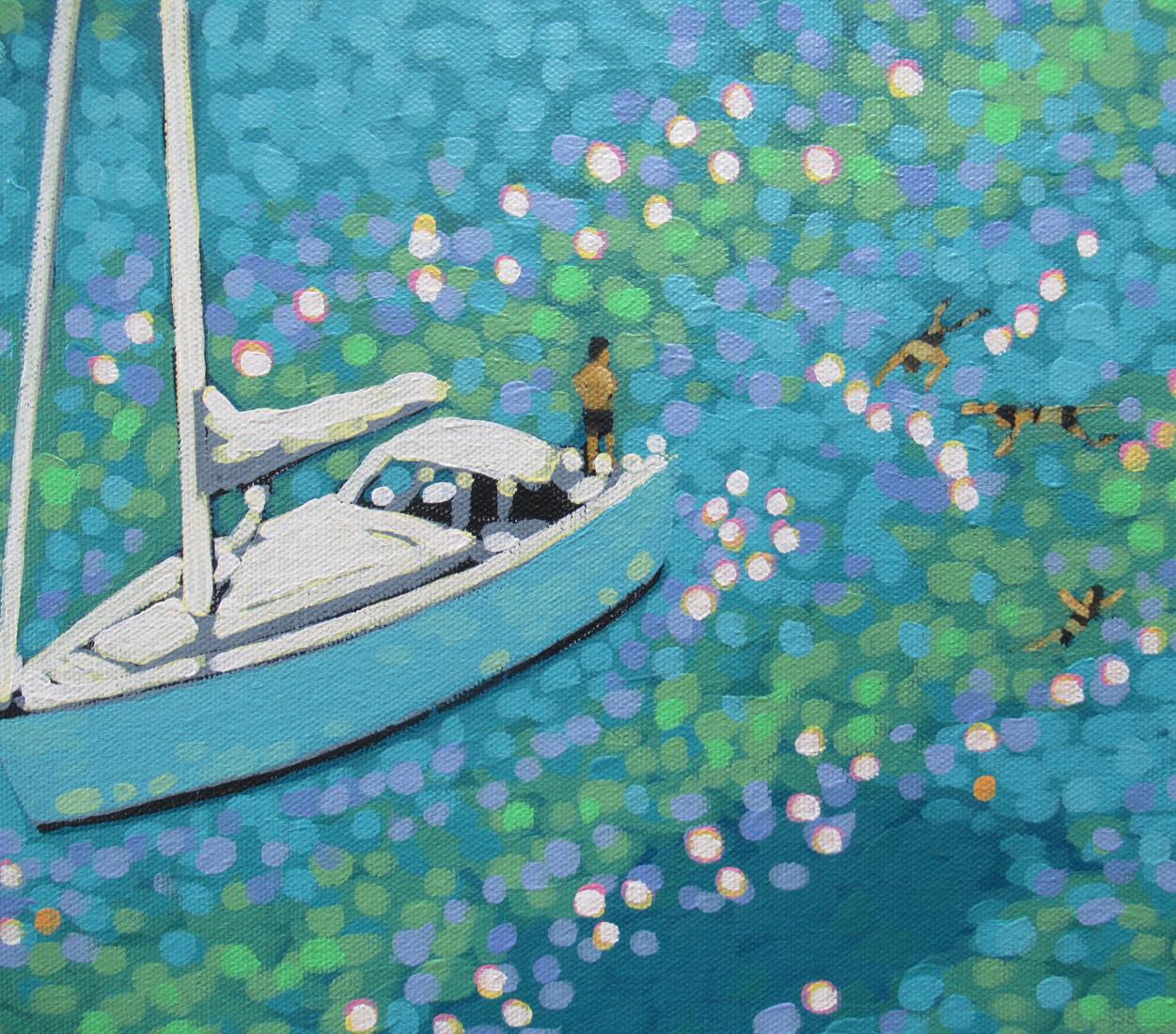 Quiet Cove, Sailing Break, Boat Artwork, Figurative Painting, Swimming Art For Sale 3