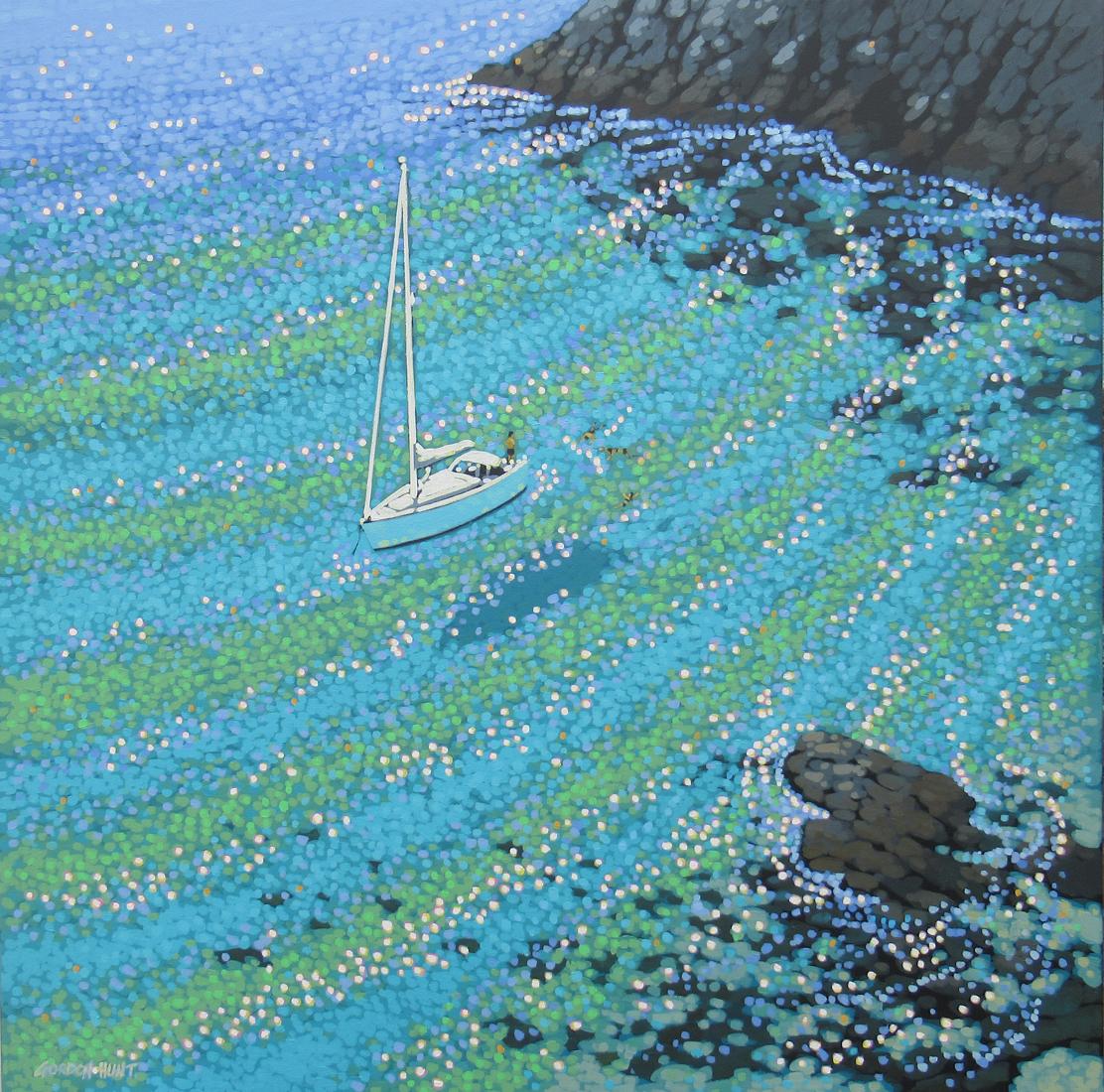 Gordon Hunt Landscape Painting - Quiet Cove, Sailing Break, Boat Artwork, Figurative Painting, Swimming Art