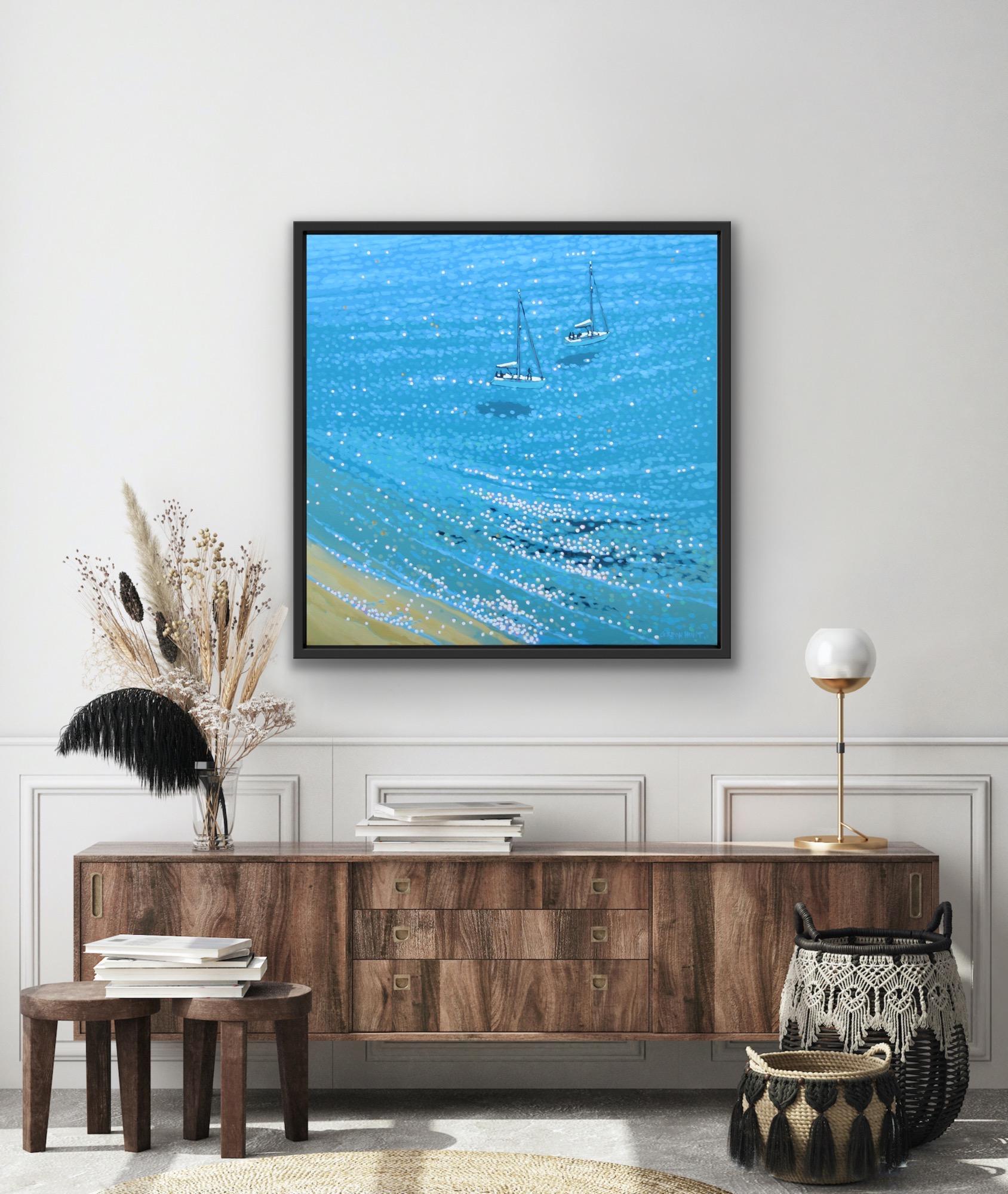 Turquoise bay is an original painting in acrylic by Gordon Hunt. Two yachts sailing away from a sandy beach, after being anchored up for a while. Everything is very peaceful, quiet and tranquil. Why not commission your own painting of this subject?