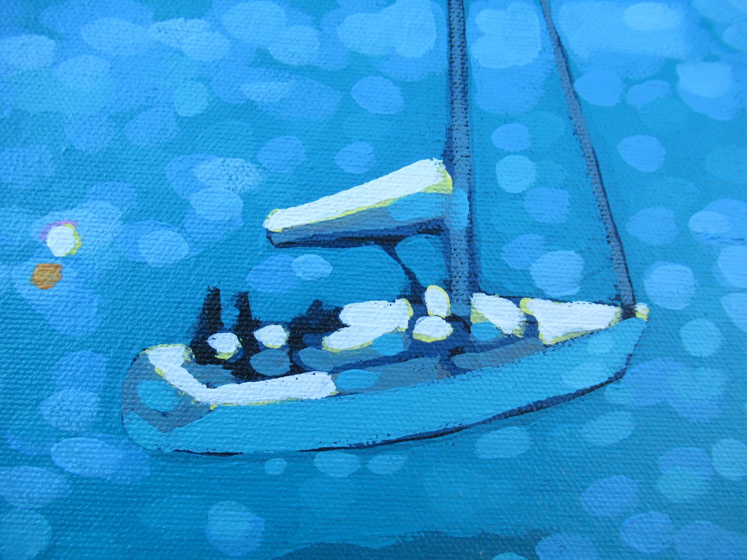 Turquoise bay est une peinture originale à l'acrylique de Gordon Hunt. Deux yachts s'éloignant d'une plage de sable, après avoir été ancrés pendant un certain temps. Tout est très paisible, calme et tranquille. Pourquoi ne pas commander votre propre