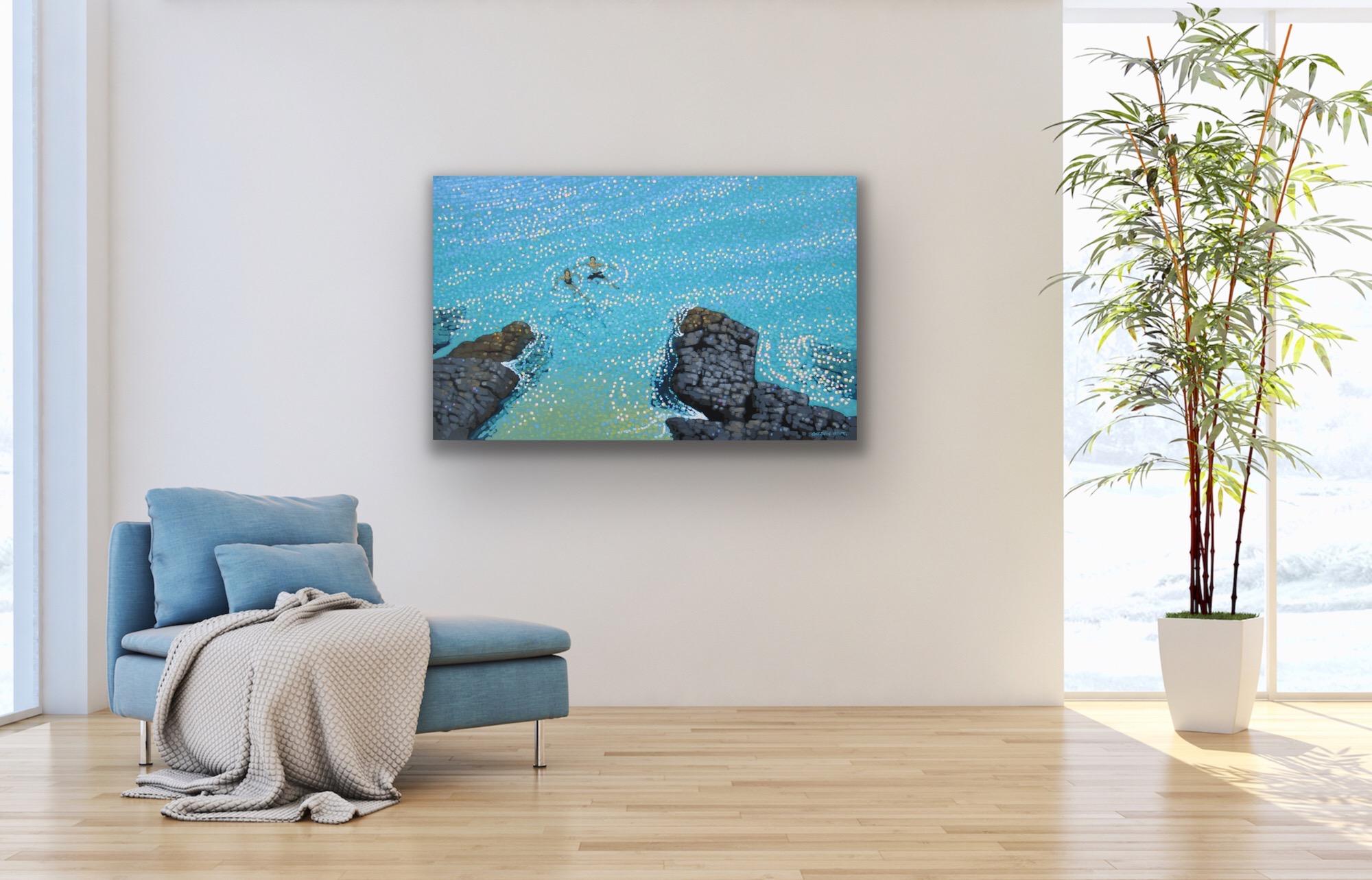 Aquarelle turquoise et scintillante - Come On In, The Water's Lovely, Cornish Seascape - Painting de Gordon Hunt