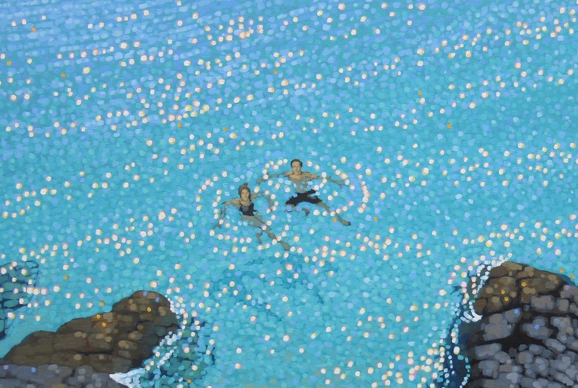'Turquoise water and sparkles - come on in the waters lovely' is an original painting by Gordon Hunt. It shows an image of a couple swimming in the beautiful clear, sparkling turquoise sea in St. Ives, Cornwall. They encourage their friends to join