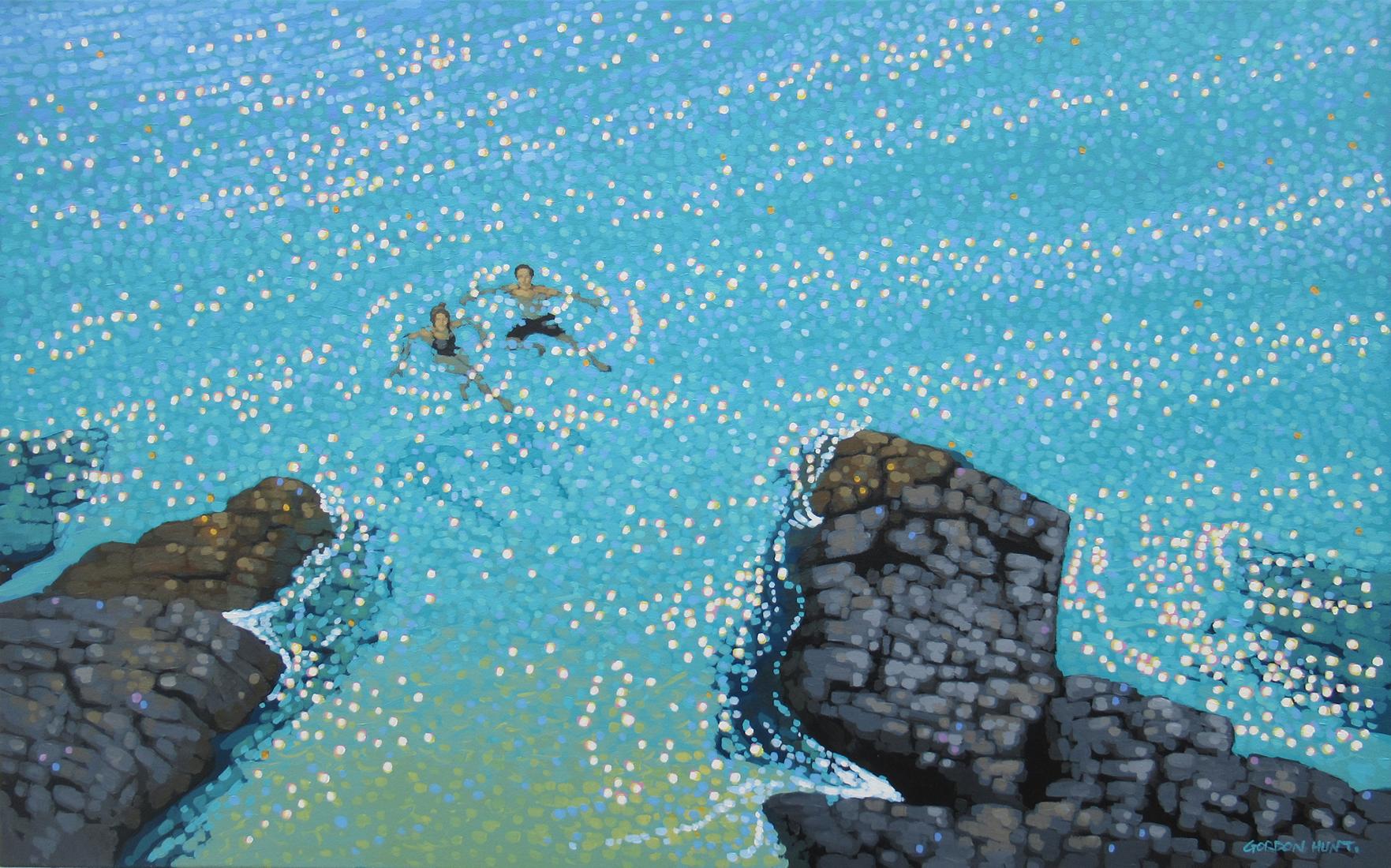 Gordon Hunt Figurative Painting - Turquoise Water and Sparkles - Come On In, The Water's Lovely, Cornish Seascape