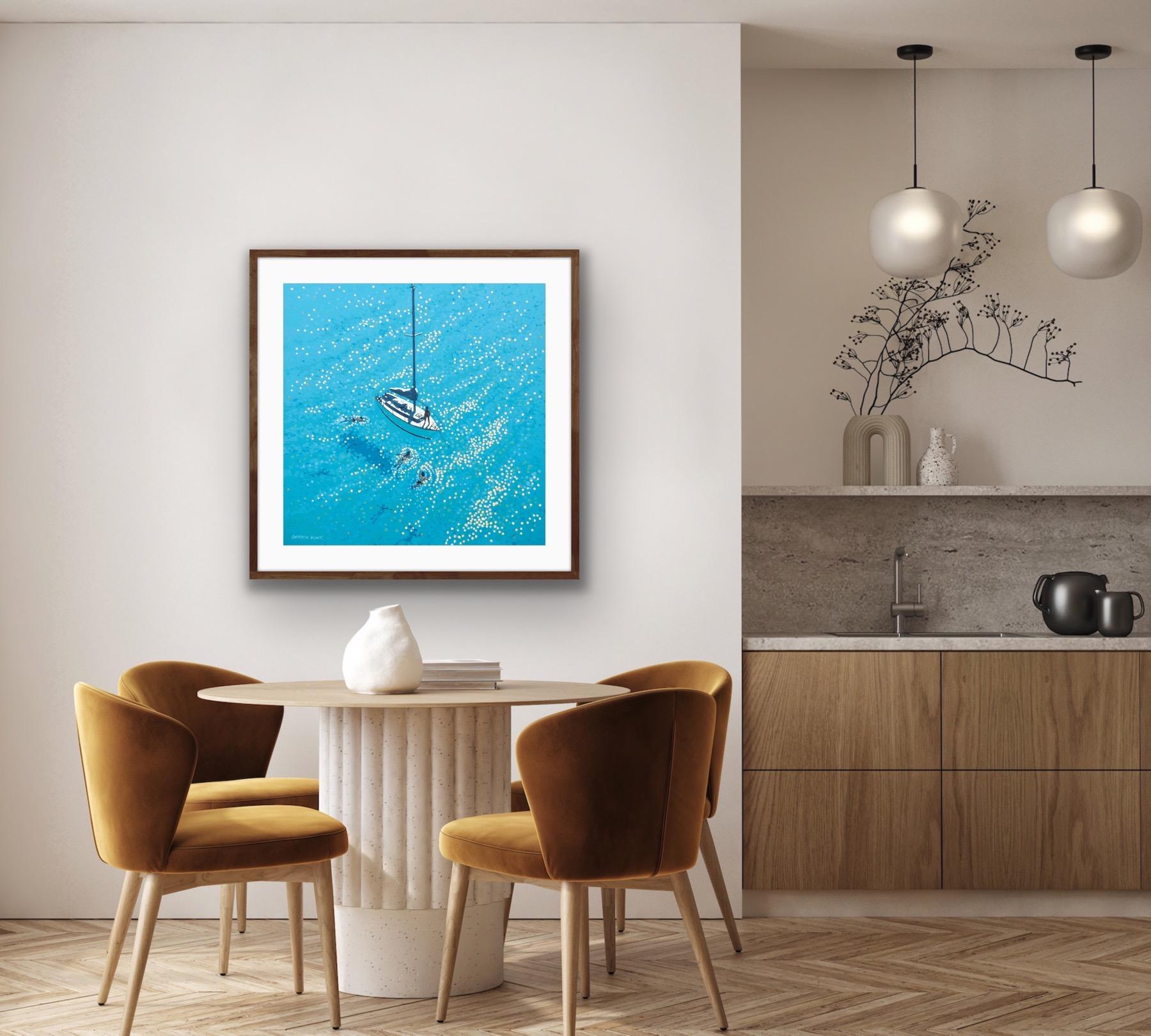 Swim Stop (Image 60 x 60, Blatt: 70 x 70cm), Kunstdruck, Meereslandschaft, Blau, Segeln im Angebot 1
