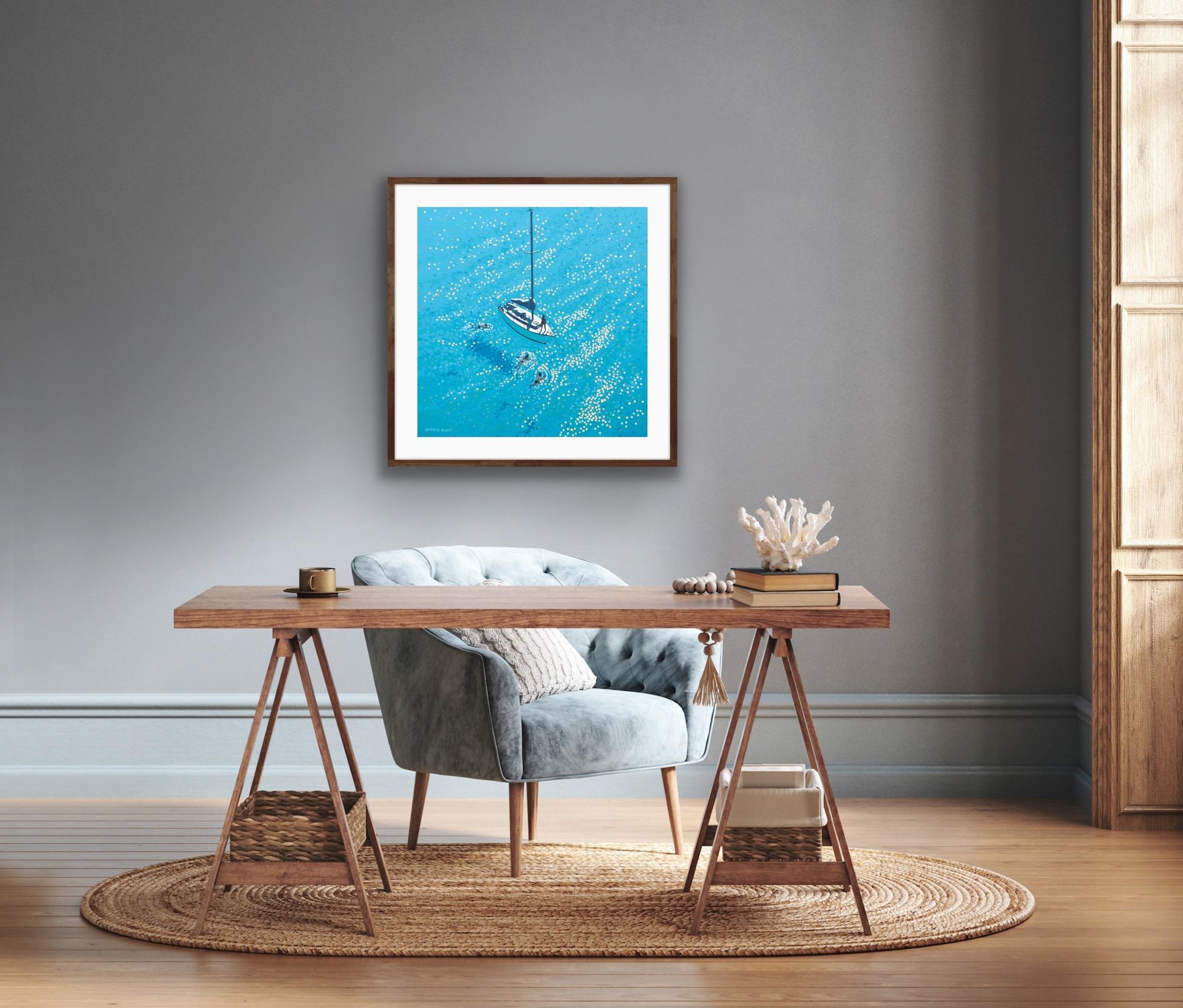 Swim Stop (Image 60 x 60, Blatt: 70 x 70cm), Kunstdruck, Meereslandschaft, Blau, Segeln im Angebot 3