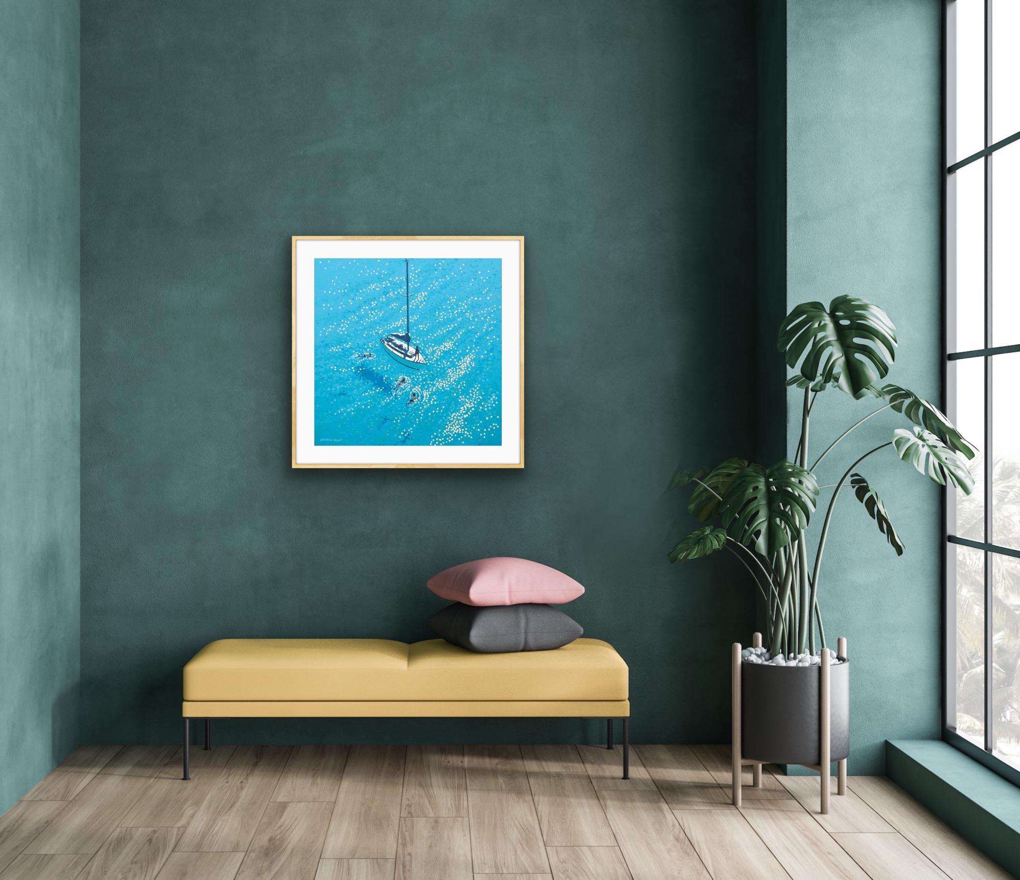 Swim Stop (Image 60 x 60, Sheet: 70 x 70cm), Art Print, Seascape, Blue, Sailing For Sale 6