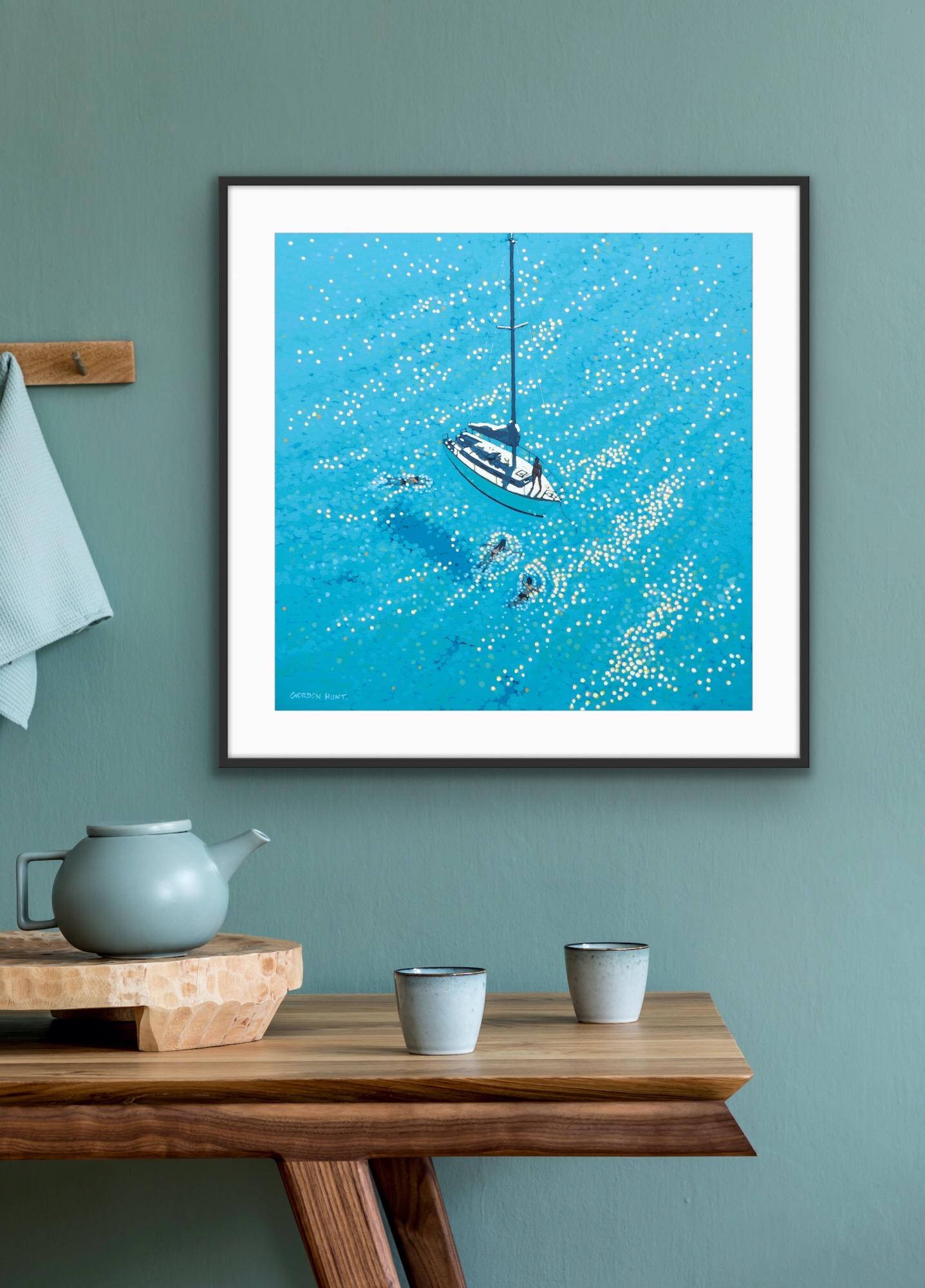 Swim Stop (Image 60 x 60, Blatt: 70 x 70cm), Kunstdruck, Meereslandschaft, Blau, Segeln im Angebot 5