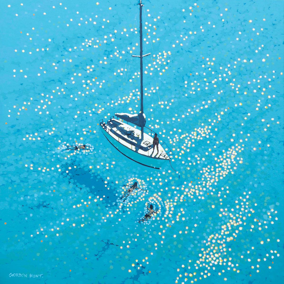 Gordon Hunt Figurative Print – Swim Stop (Image 60 x 60, Blatt: 70 x 70cm), Kunstdruck, Meereslandschaft, Blau, Segeln