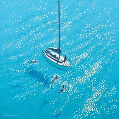 Swim Stop (Image 60 x 60, Feuille : 70 x 70cm), Impression d'art, Paysage marin, Bleu, Voile