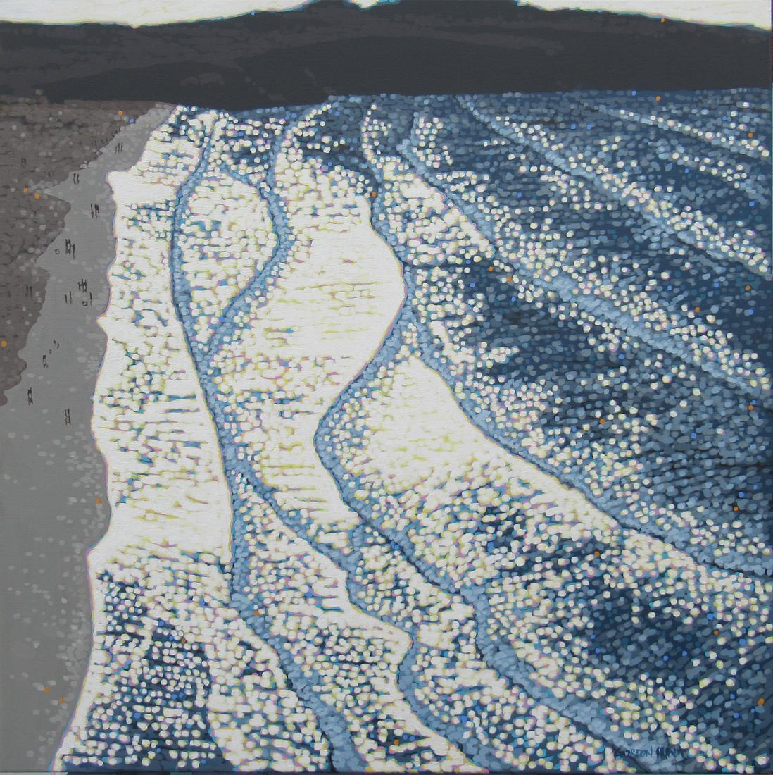 Cheminée de plage d'hiver de Holywell Bay, Cornouailles, peinture originale, paysage, mer