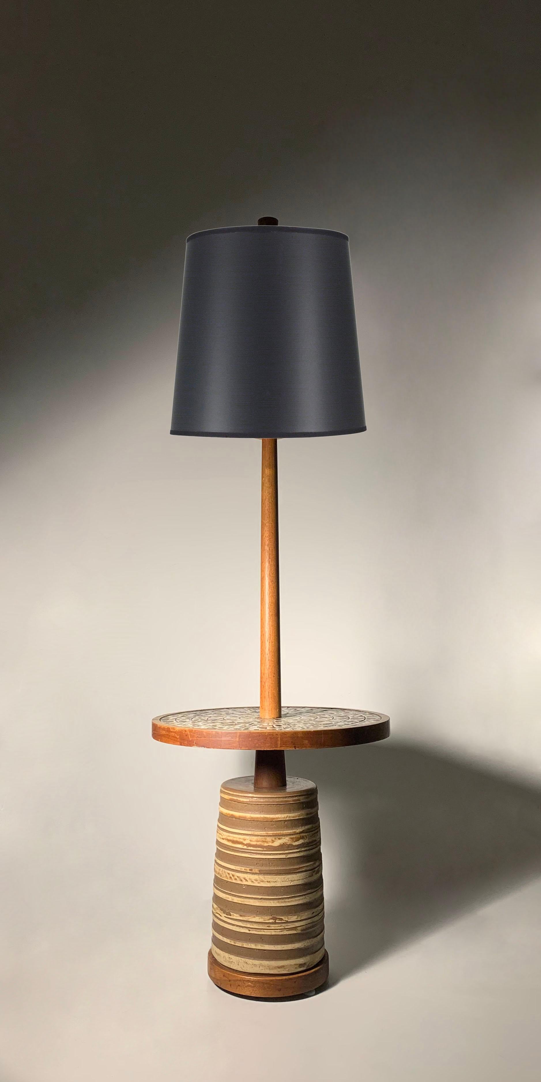 Gordon & Jane Martz Ceramic & Walnut Floor Lamp with Tabletop. 

Tabletop can be removed if desired to have the floor lamp without tabletop.  Please confirm if you would like to have a photograph of it in this manner.  Will add a photo of a