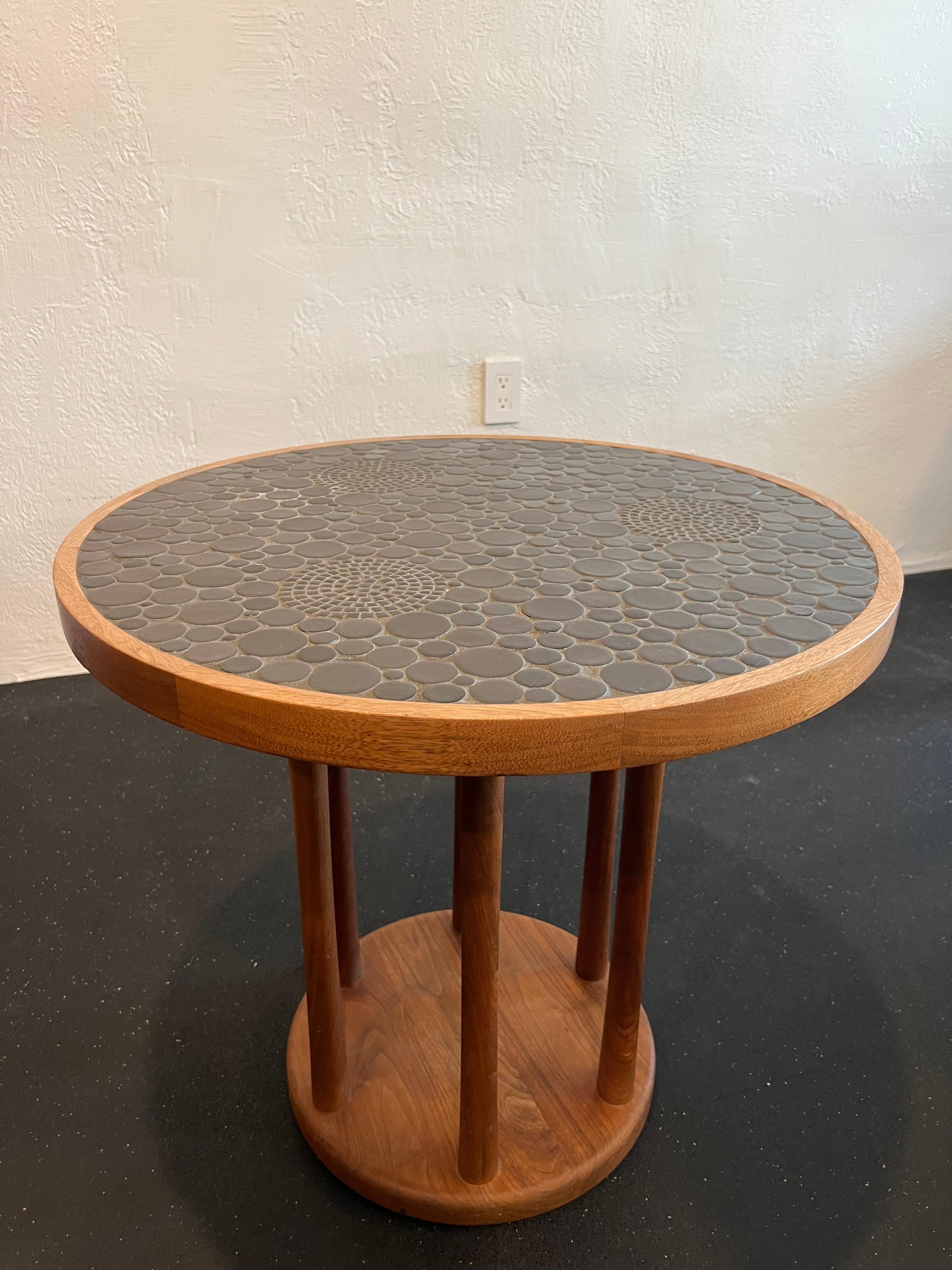 Gordon & Jane Martz coin tile occasional table. Extremely rare example. Matte black ceramic coin tiles on a walnut base.

Would work well in a variety of interiors such as modern, mid century modern, Hollywood regency, etc. Piece blends seamlessly