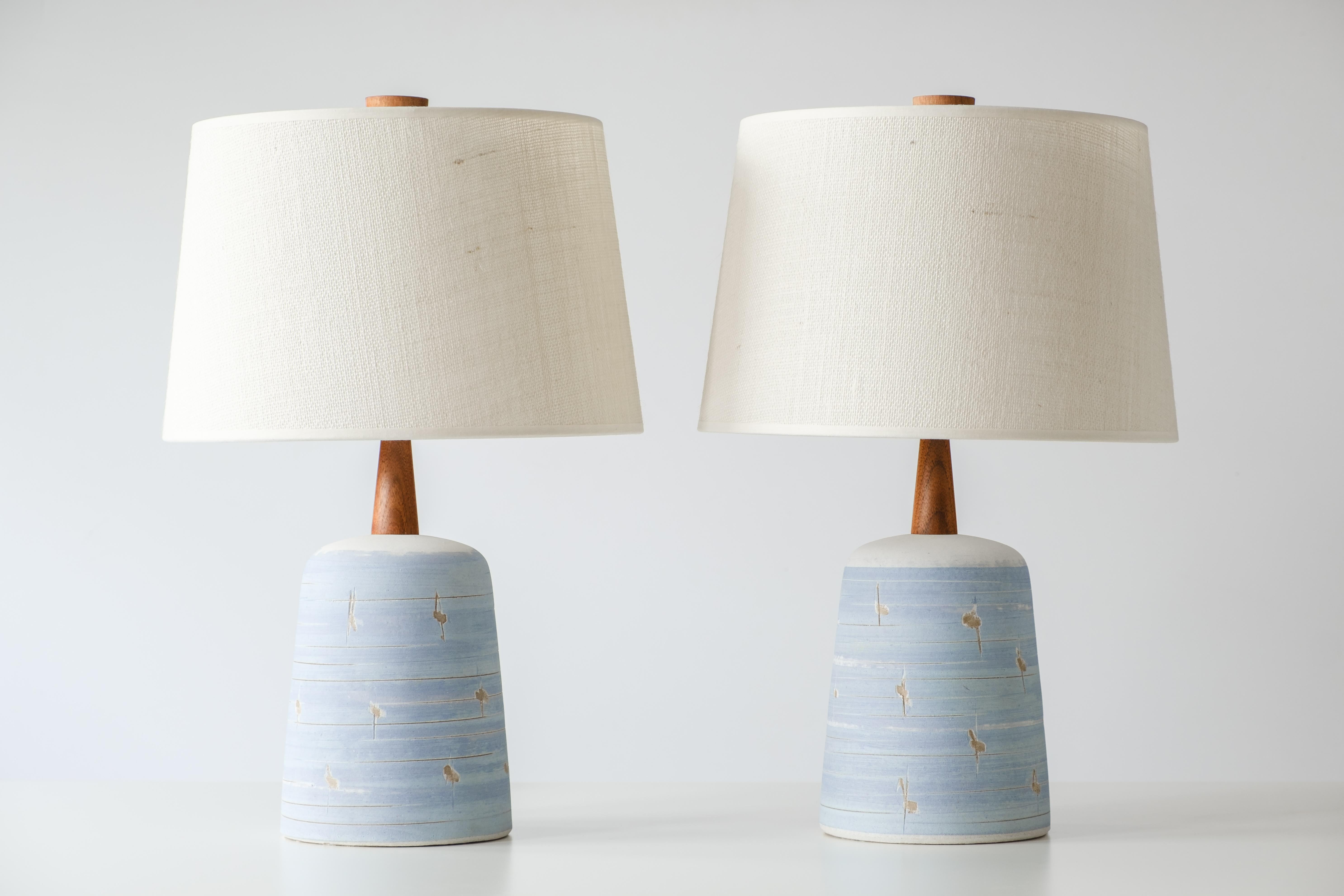 Mid-Century Modern Gordon & Jane Martz Marshall Studios Ceramic Table Lamps, White w/ Blue Stripe