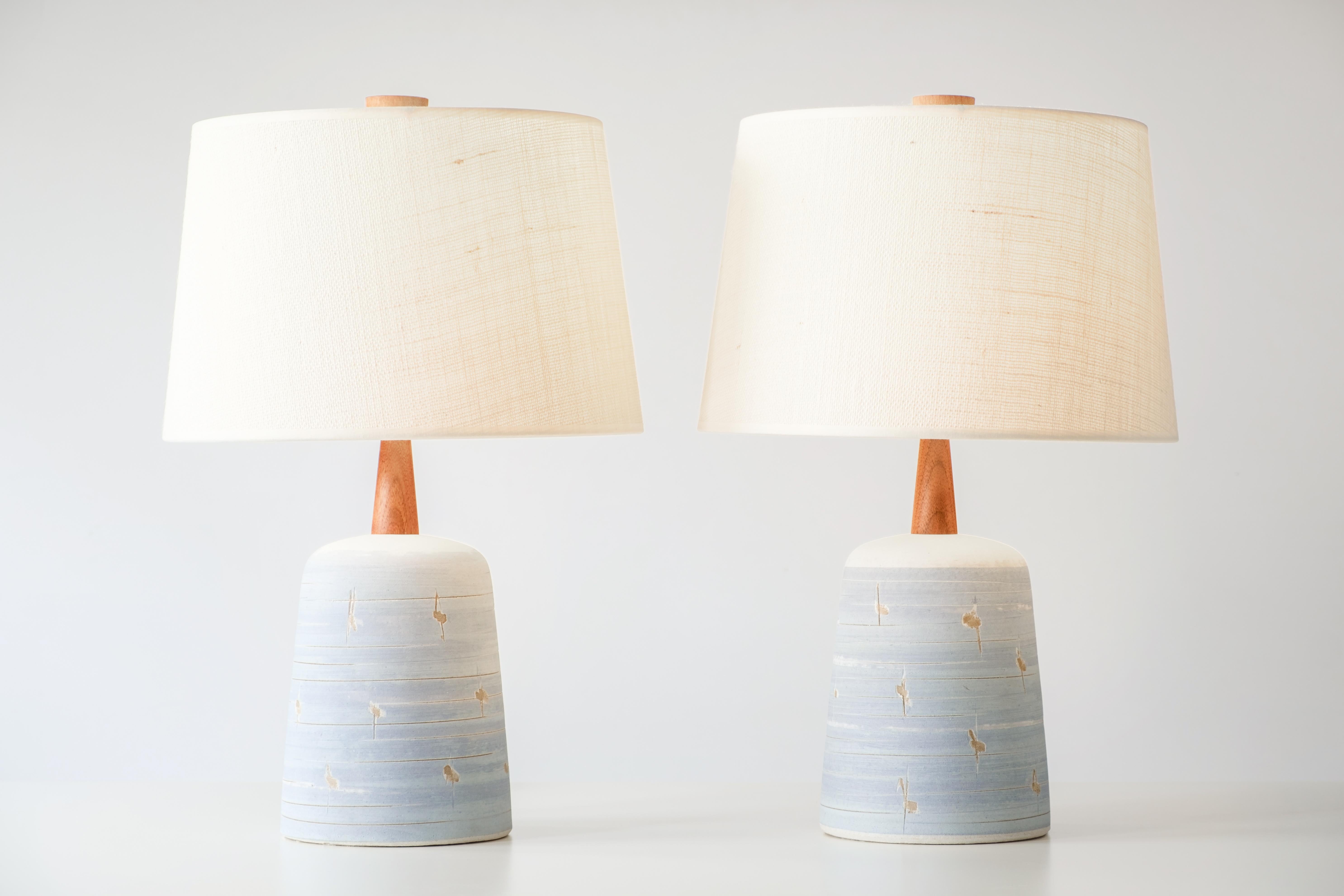 American Gordon & Jane Martz Marshall Studios Ceramic Table Lamps, White w/ Blue Stripe