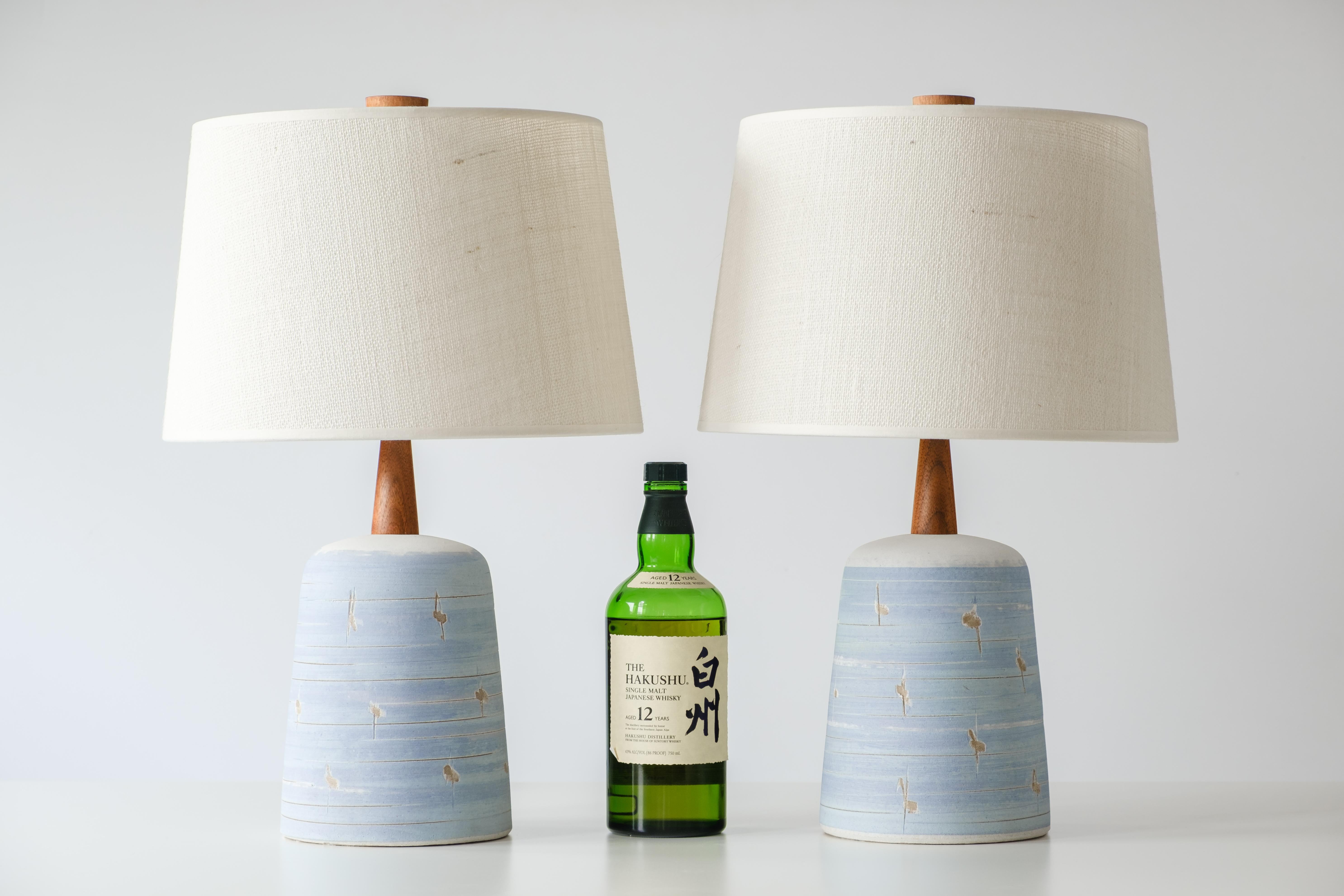 Glazed Gordon & Jane Martz Marshall Studios Ceramic Table Lamps, White w/ Blue Stripe