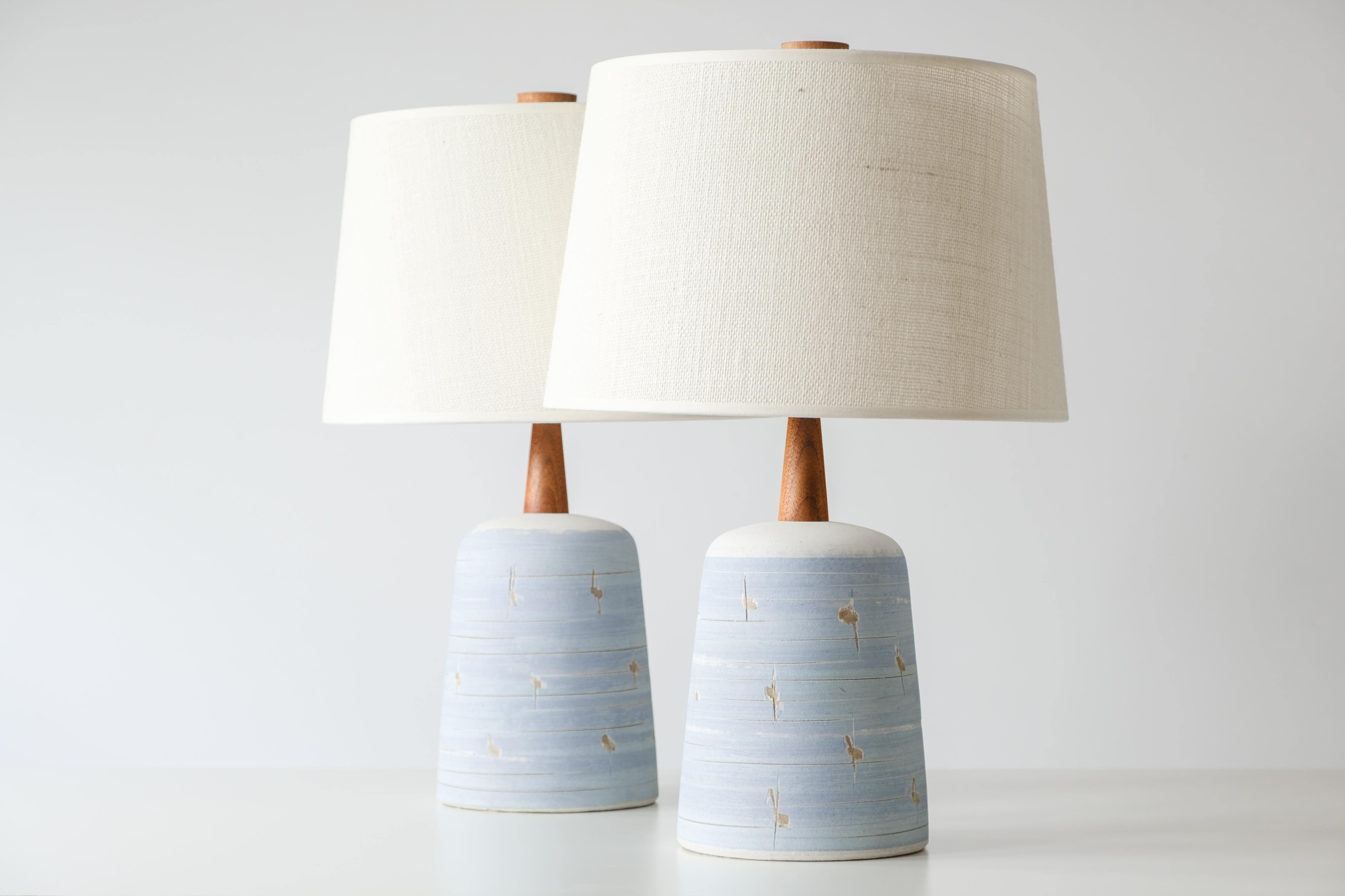 Mid-20th Century Gordon & Jane Martz Marshall Studios Ceramic Table Lamps, White w/ Blue Stripe