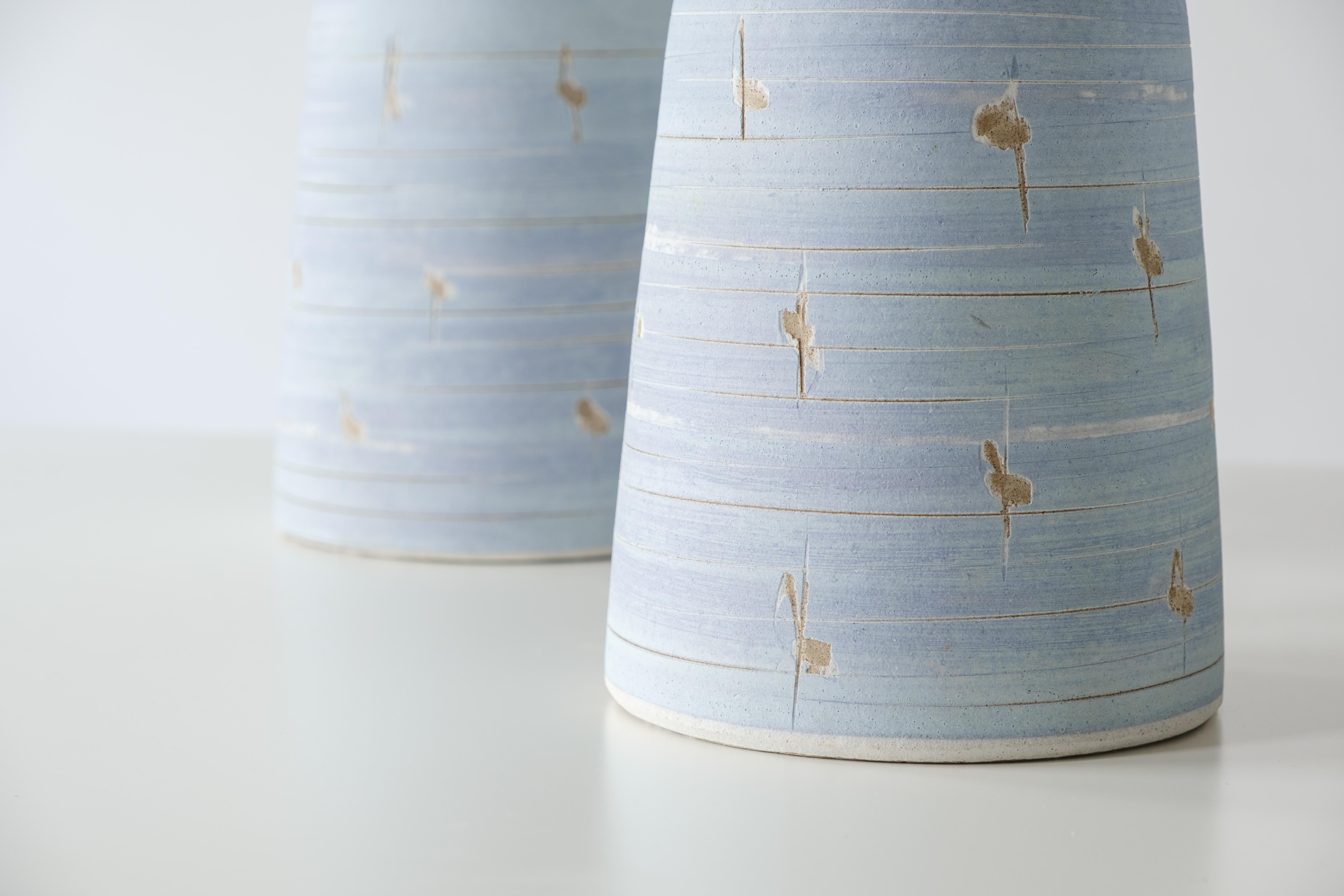 Gordon & Jane Martz Marshall Studios Ceramic Table Lamps, White w/ Blue Stripe 1