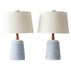 Vintage Gordon & Jane Martz Marshall Studios Ceramic Table Lamps, White w/ Blue Stripe